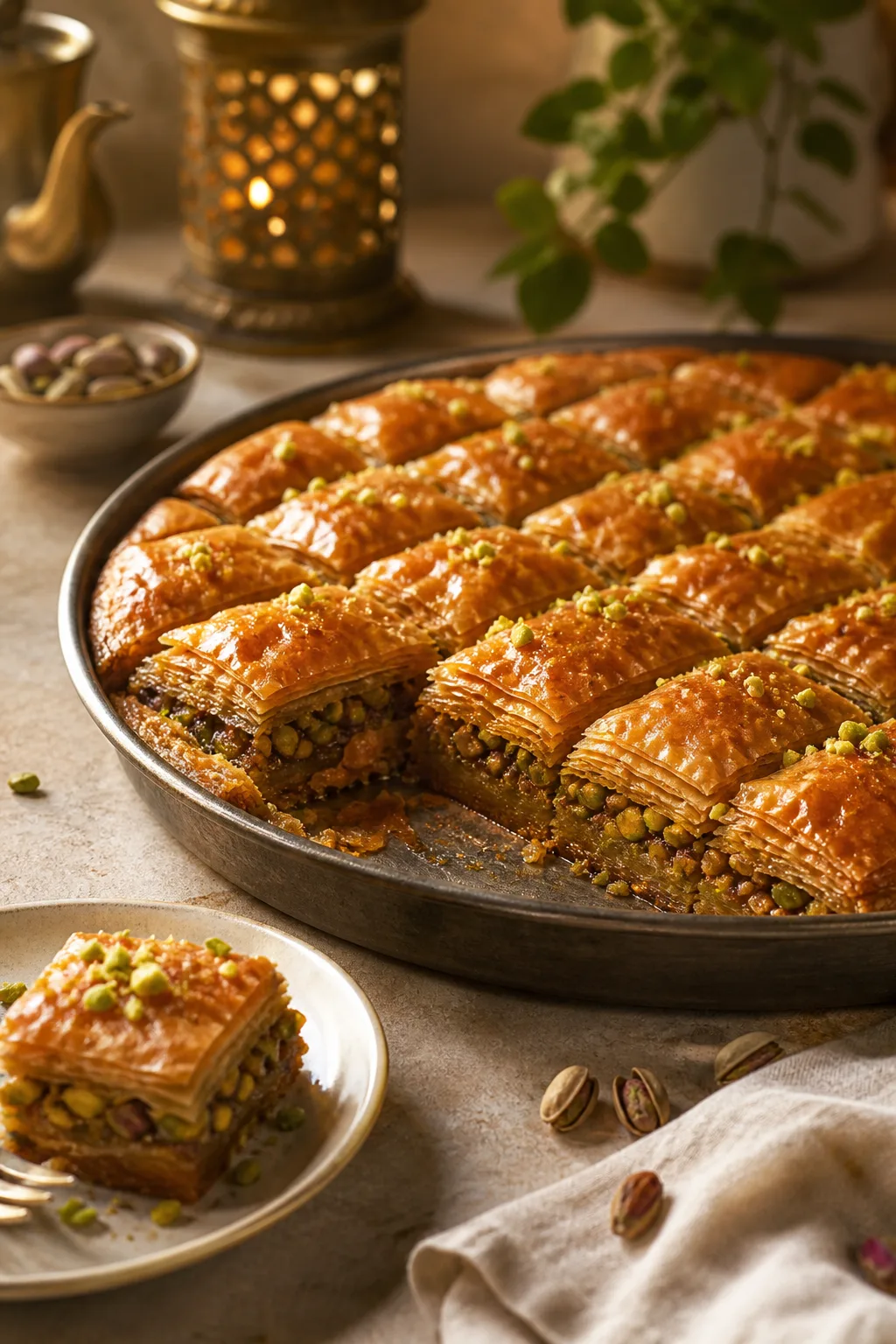 Plateau rond de baklawa découpé en losanges dorés et garni de pistaches