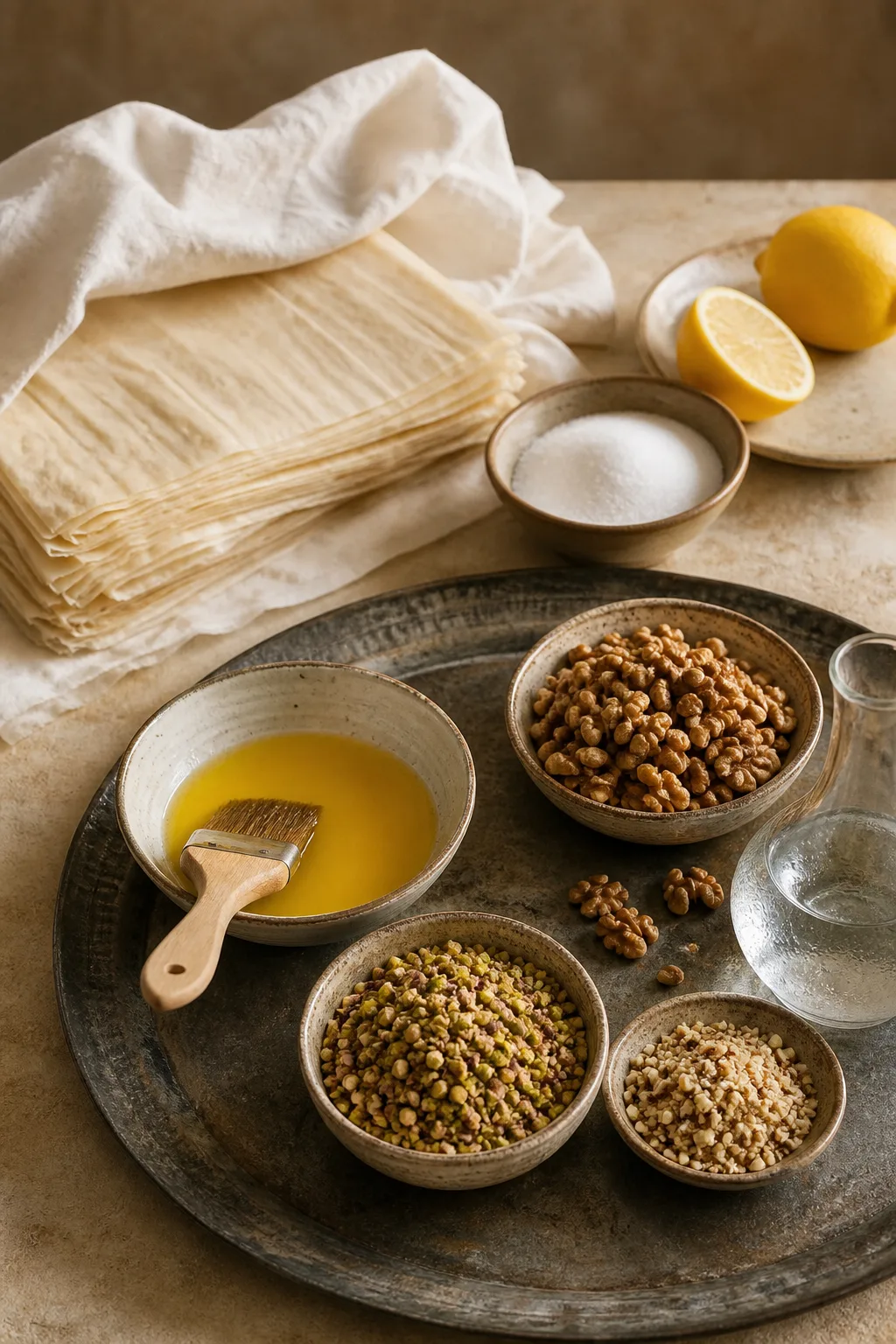 Feuilles de pâte filo, noix, pistaches, amandes, beurre, sucre et citron pour le baklawa