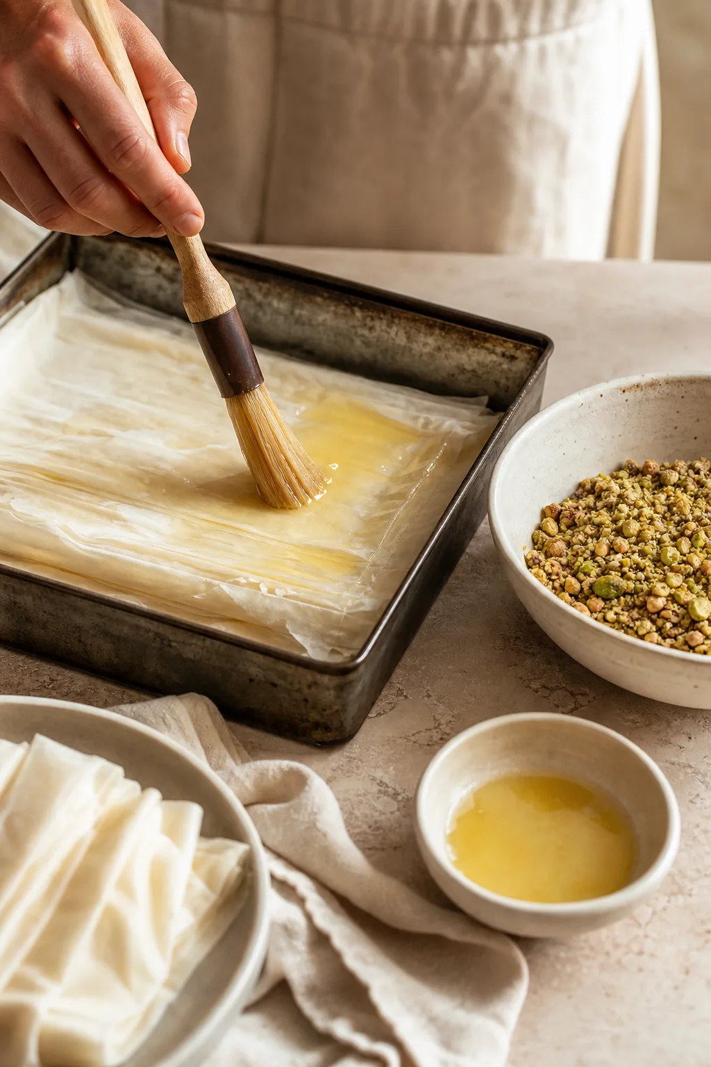 Main badigeonnant de beurre les feuilles de pâte filo dans un moule rectangulaire