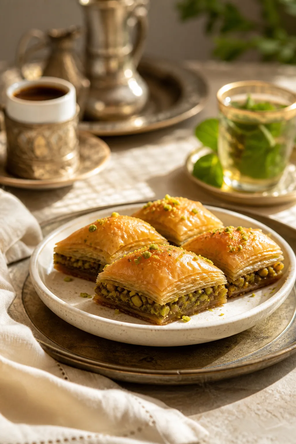 Quatre carrés de baklawa aux pistaches servis avec café et thé à la menthe