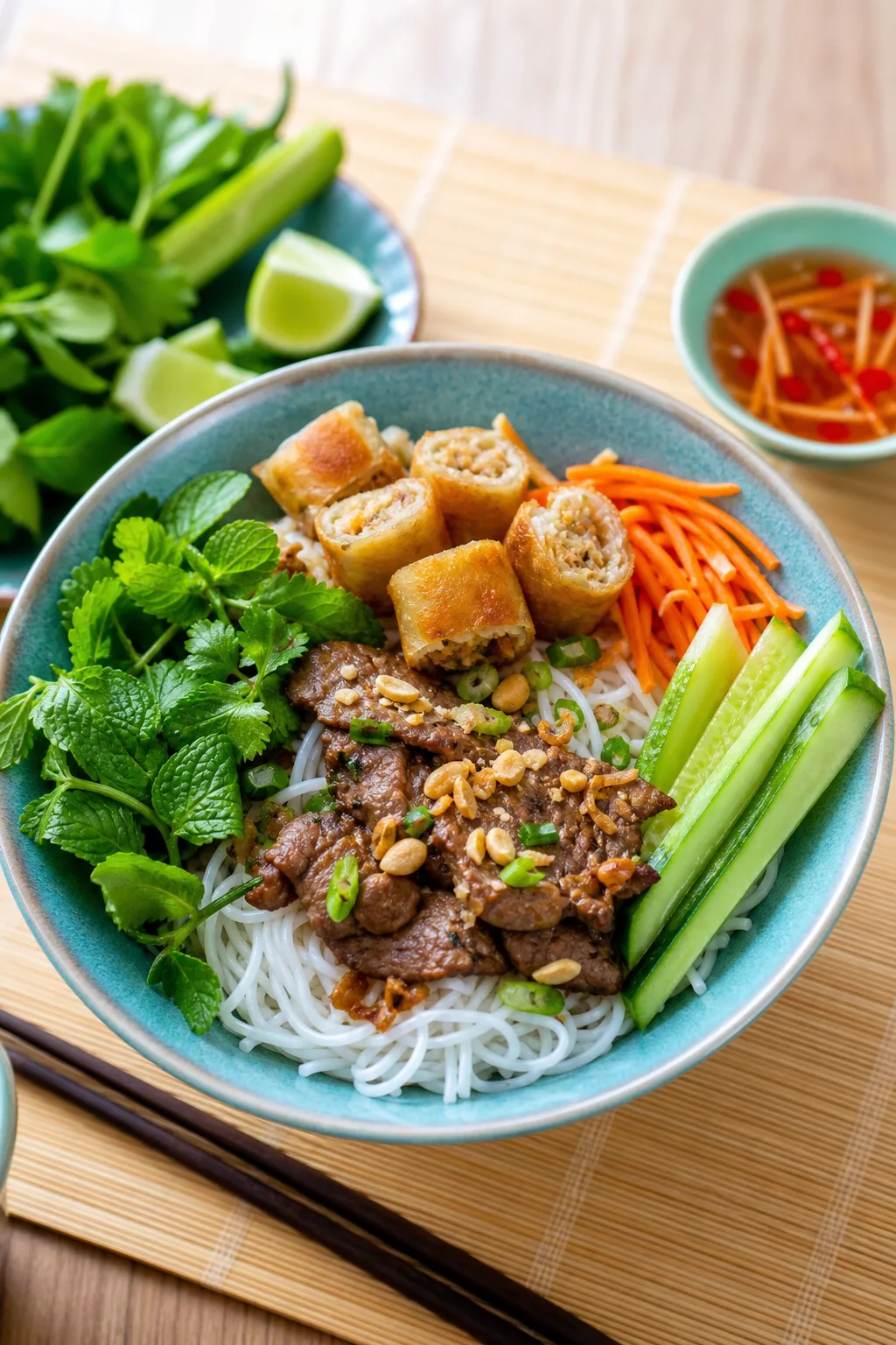 Bo bun bœuf et herbes fraîches servi dans une présentation finale appétissante