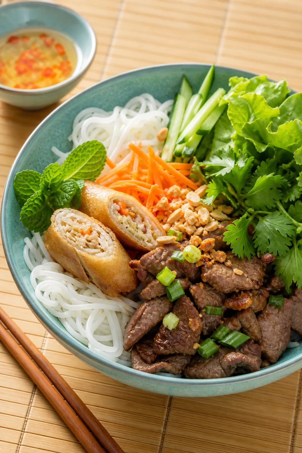 Ingrédients préparés pour Bo bun bœuf et herbes fraîches