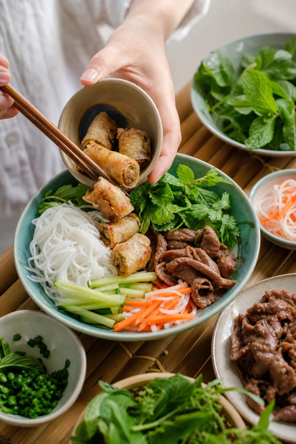 Étape de préparation de Bo bun bœuf et herbes fraîches