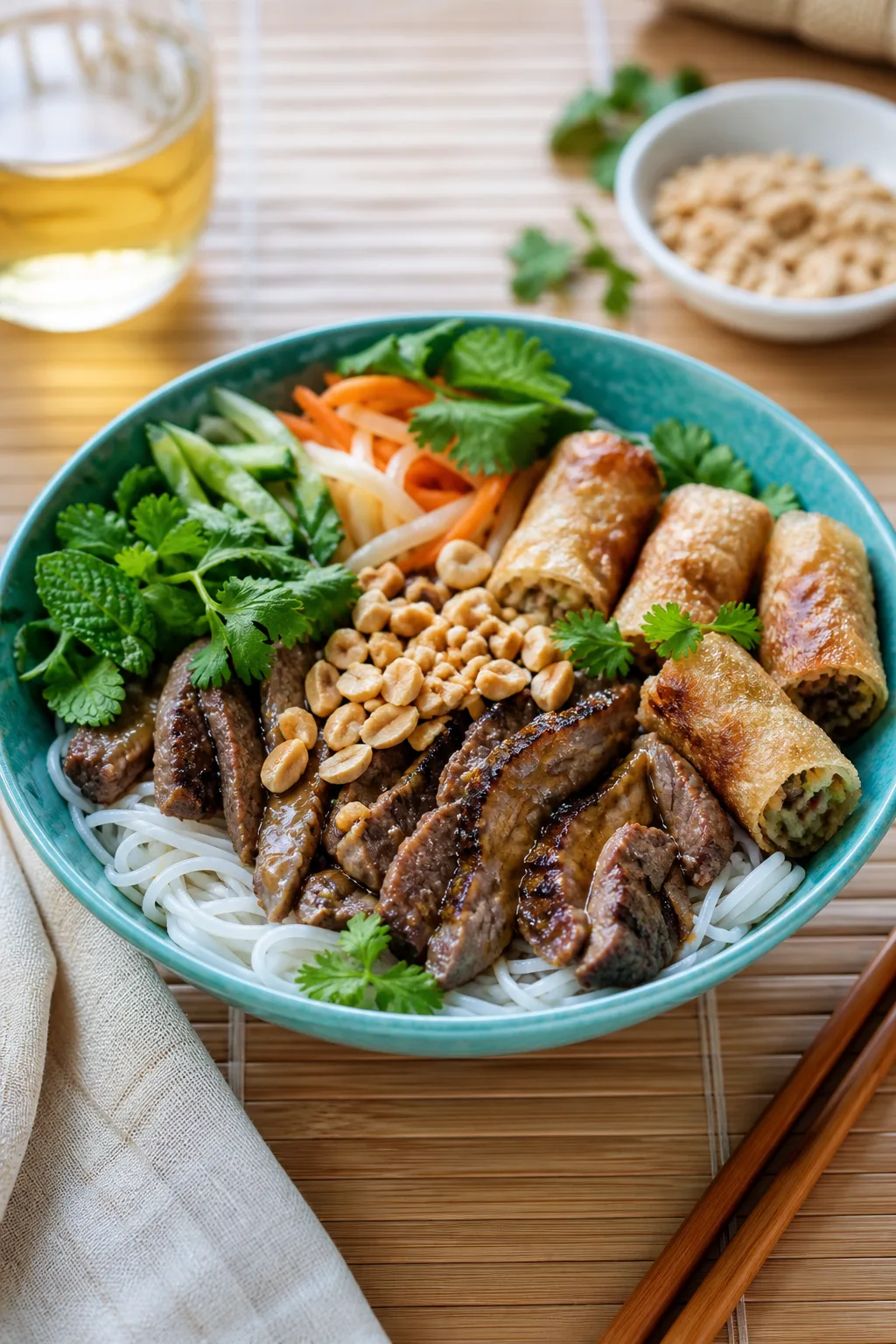 Bo bun bœuf et herbes fraîches servi à table avec accompagnement simple