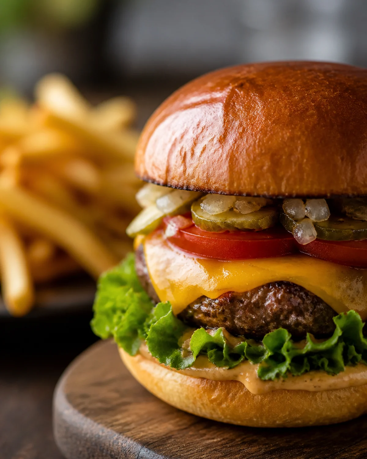 Burger maison avec pain brioché doré, steak, fromage fondu et frites