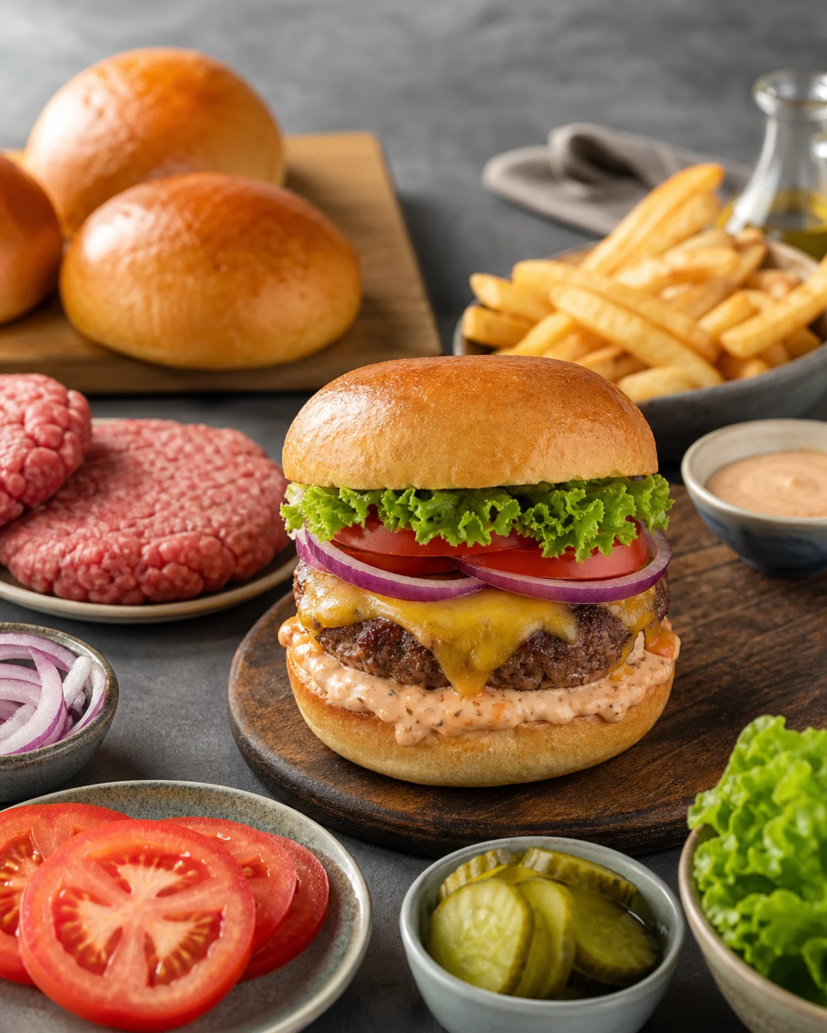 Ingrédients pour burger maison avec pains, steaks, cheddar, laitue, tomate et cornichons