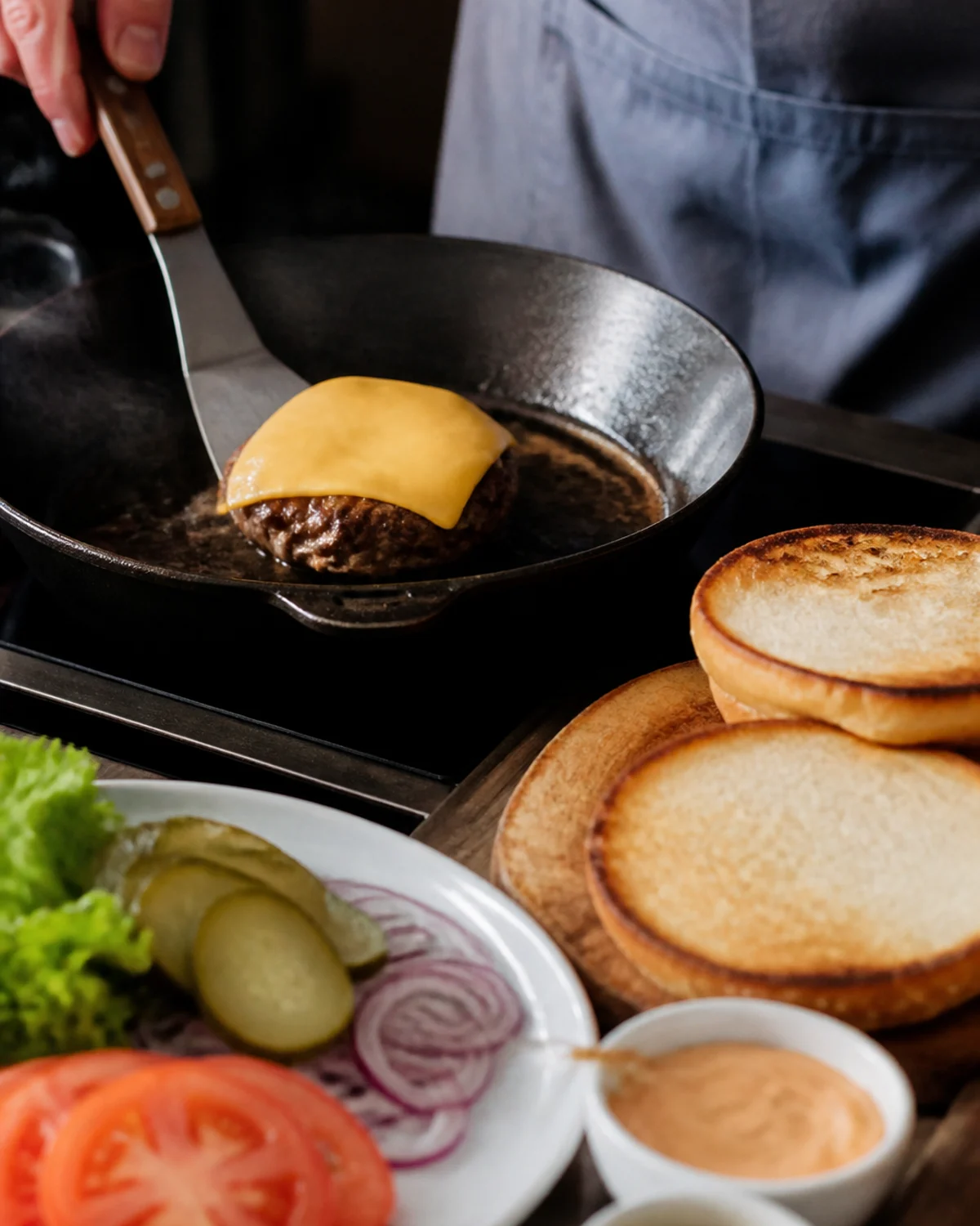 Steak de burger maison saisi à la poêle avec fromage fondu et pains toastés