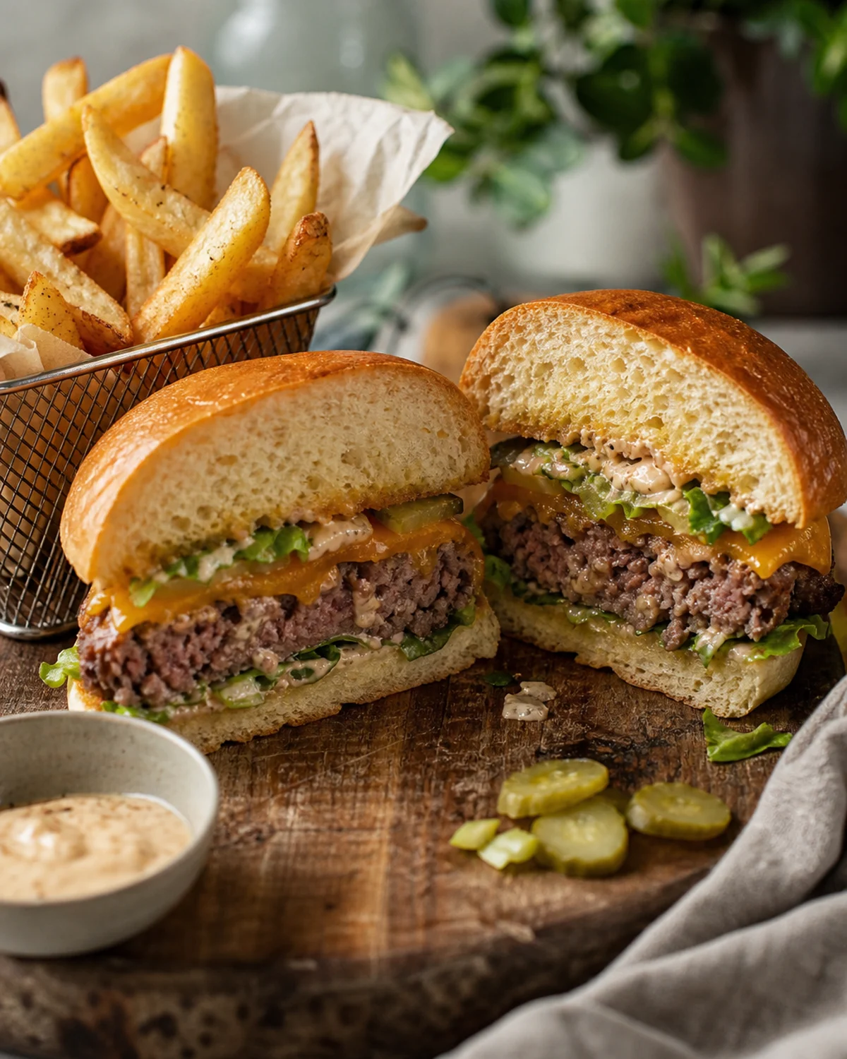 Burger maison coupé en deux servi avec frites dorées, sauce et cornichons