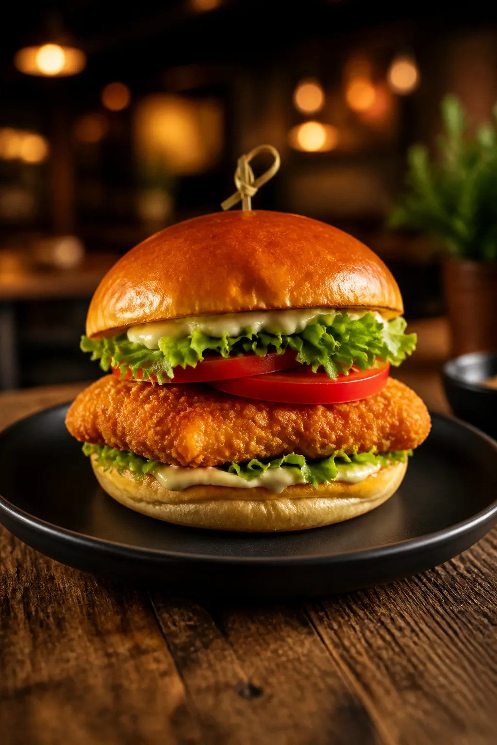 Burger poulet maison servi dans une présentation finale appétissante