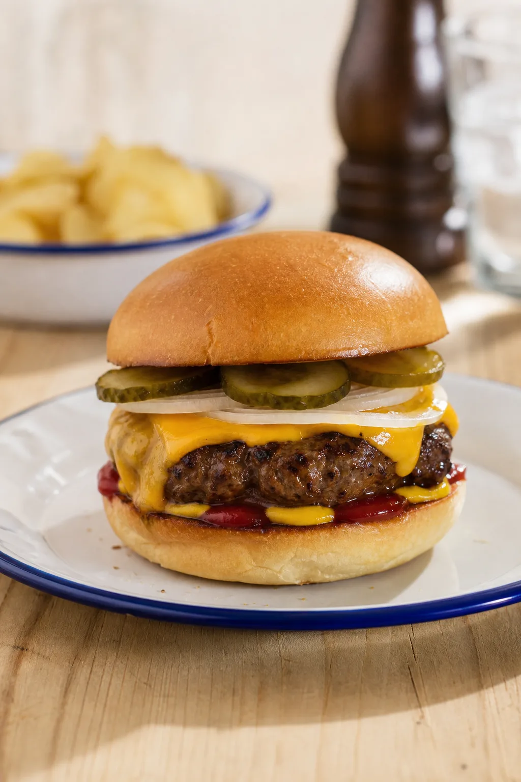 Cheeseburger au steak épais, cheddar, oignon blanc, cornichons, ketchup et moutarde