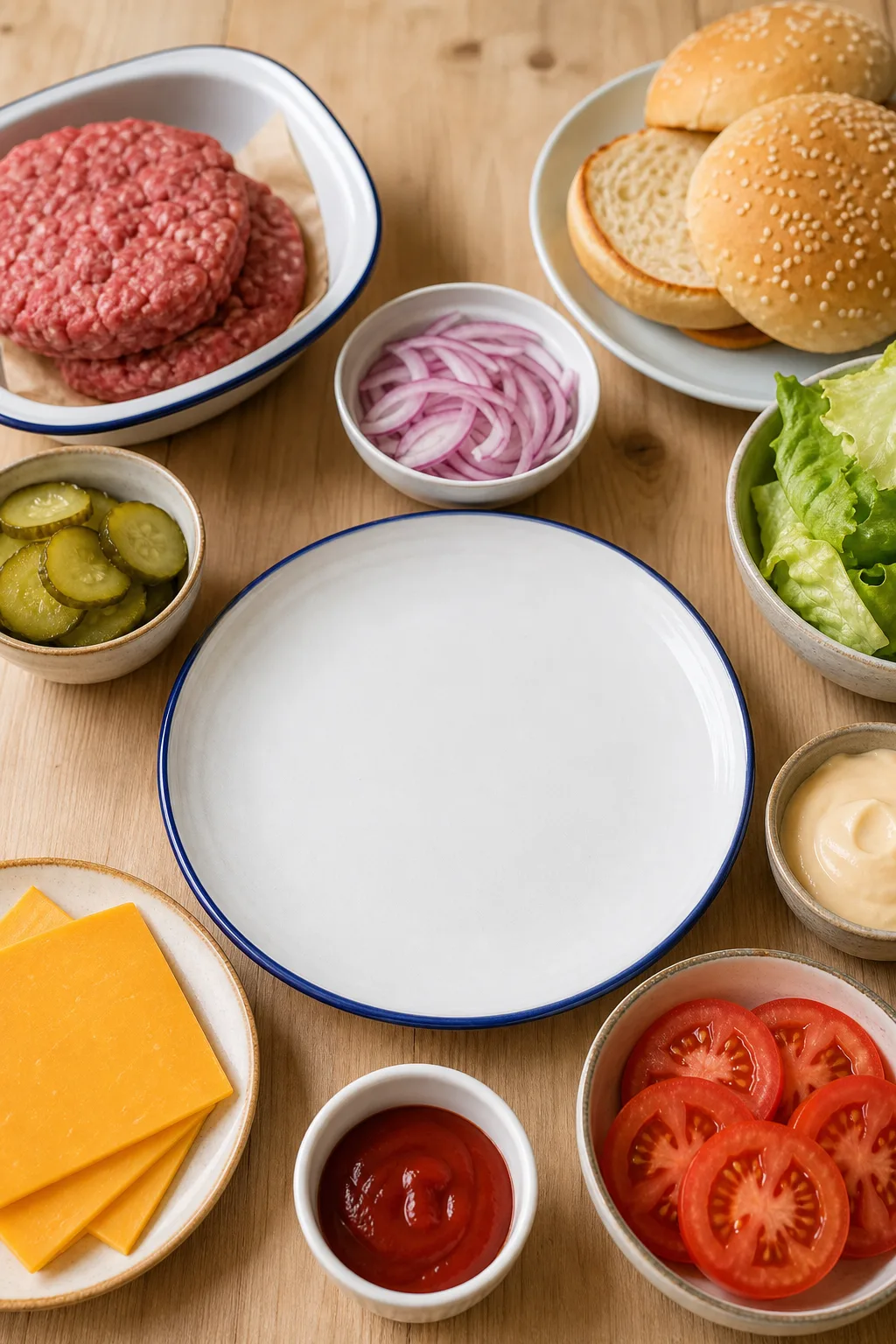 Steaks, pains au sésame, cheddar, laitue, tomate, oignon rouge, cornichons, mayonnaise et ketchup