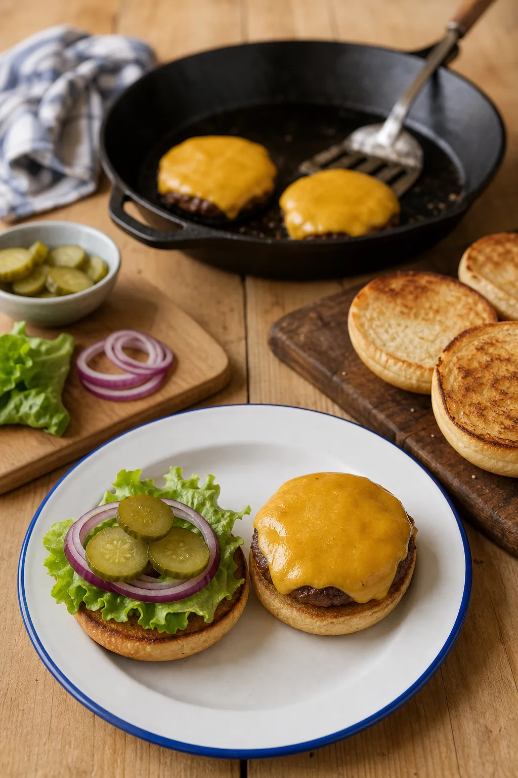 Steaks au cheddar dans une poêle et cheeseburger ouvert avec laitue, oignon et cornichons