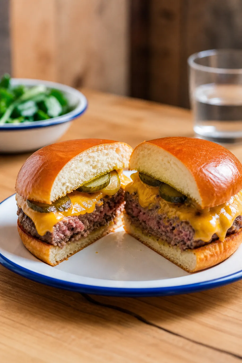 Cheeseburger coupé en deux avec steak rosé, cheddar fondu et cornichons