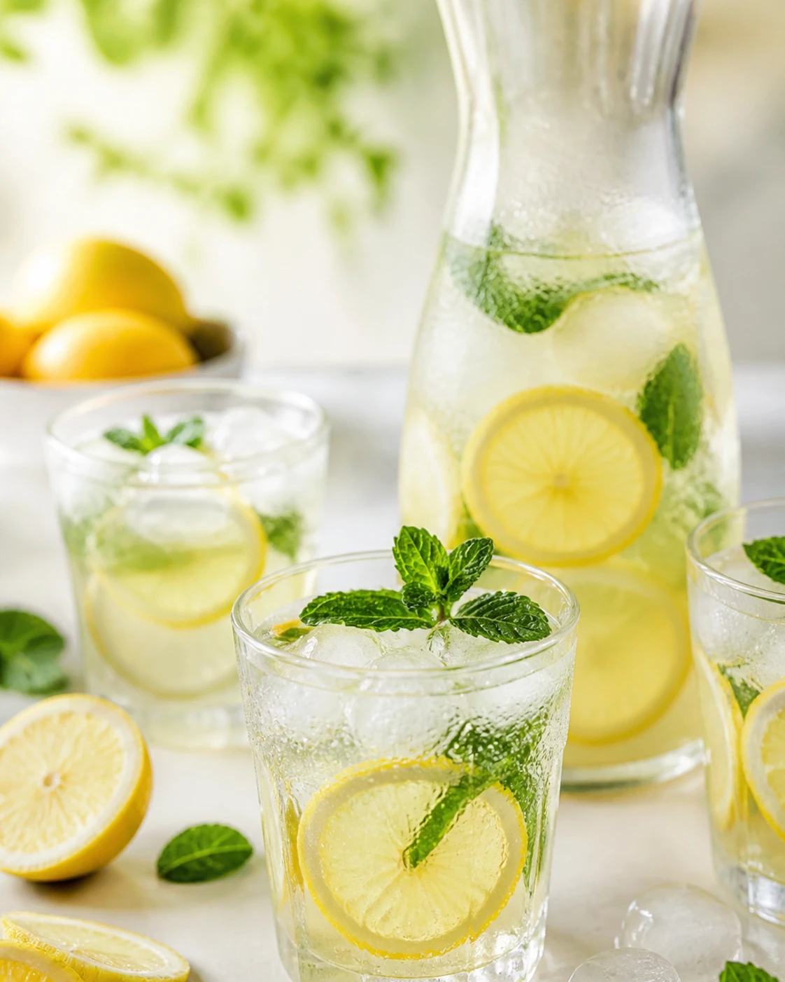 Carafe et verres de citronnade maison avec rondelles de citron, glaçons et menthe