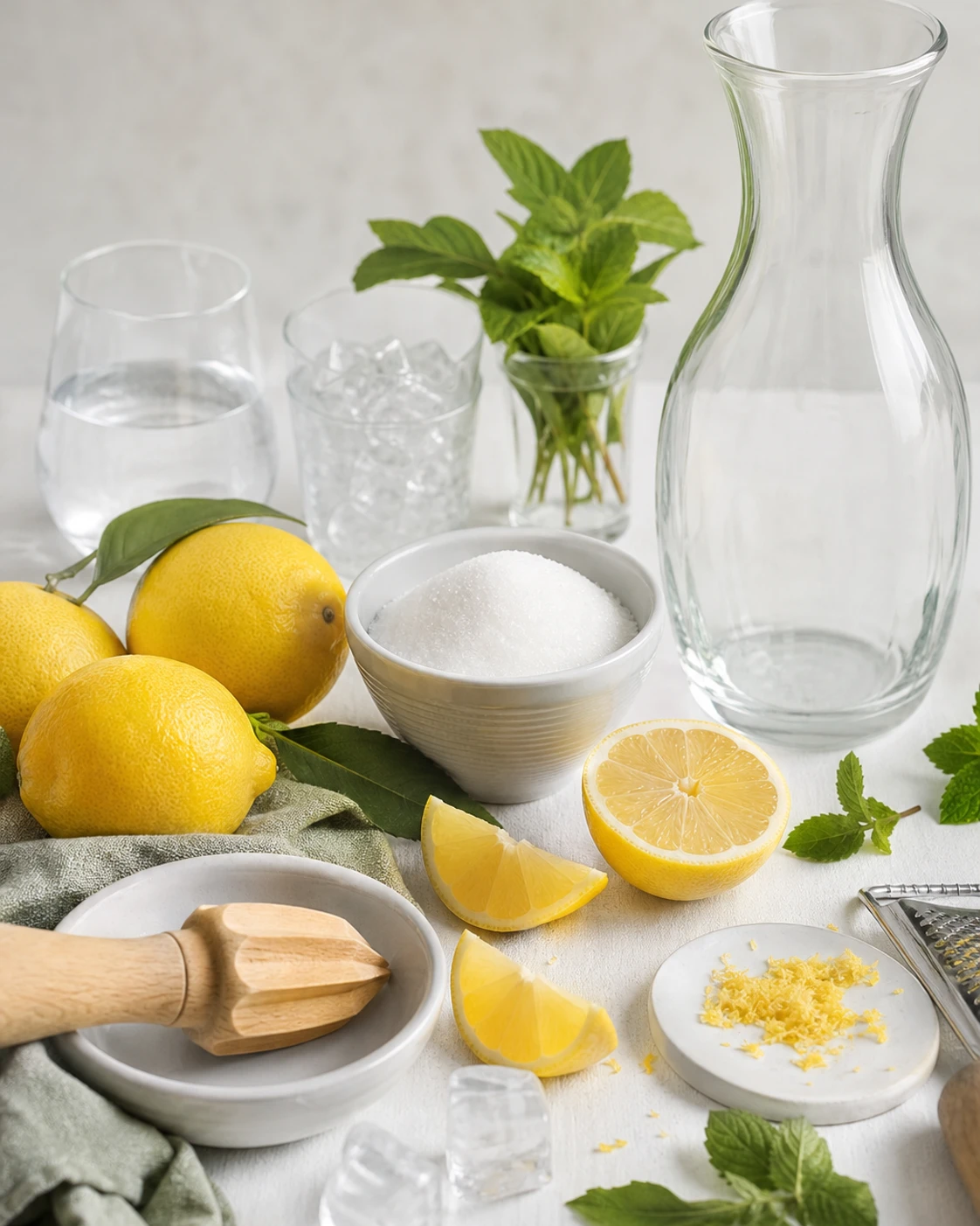 Citrons jaunes, sucre, eau, glaçons, menthe et zeste pour une citronnade maison