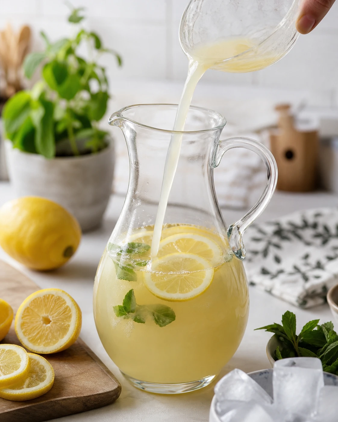 Sirop au citron versé dans une carafe contenant le jus, l’eau et des rondelles de citron
