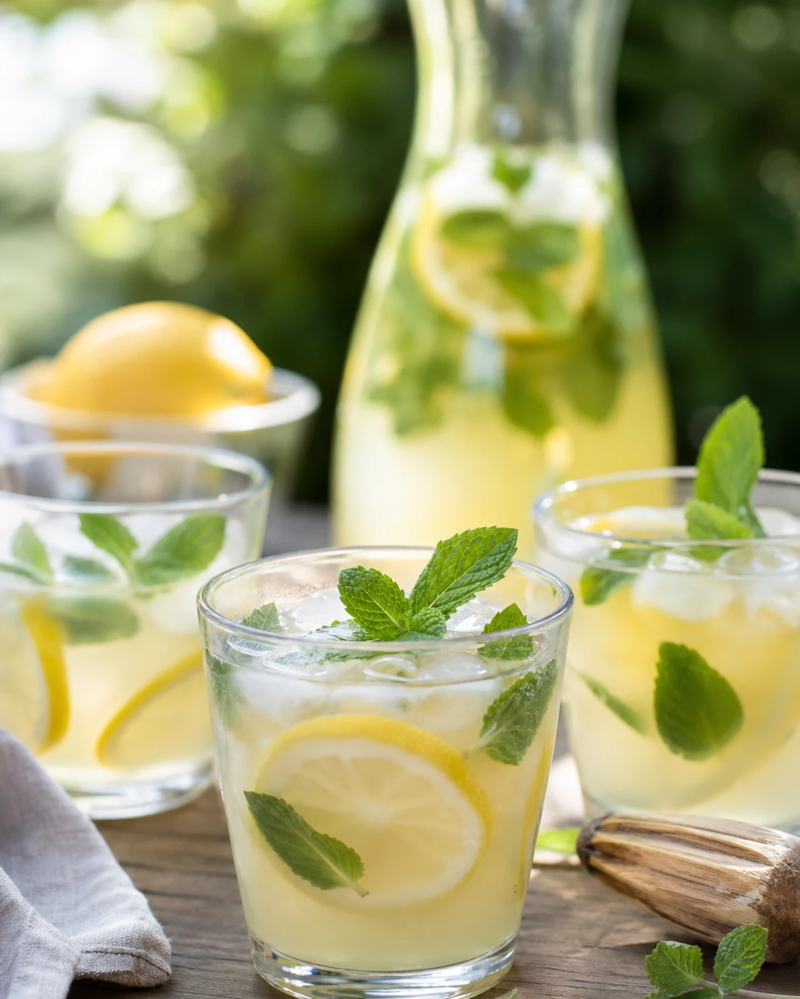 Verres de citronnade fraîche avec glaçons, citron et feuilles de menthe