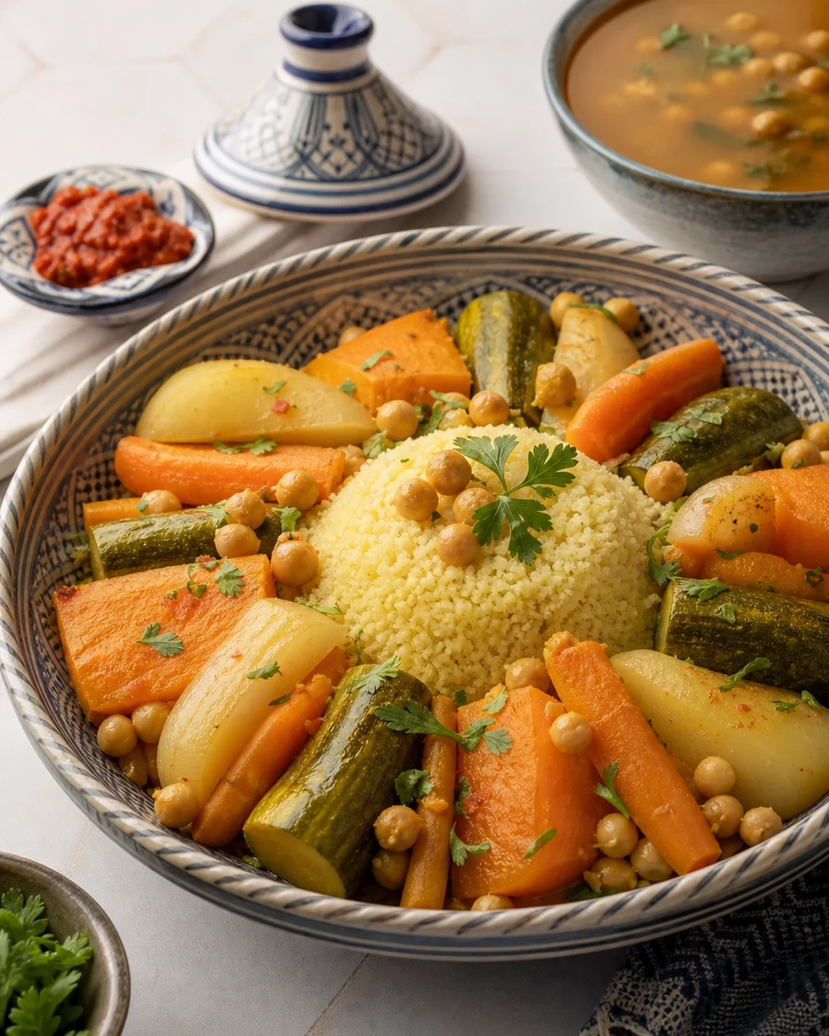 Couscous marocain servi dans une présentation finale appétissante