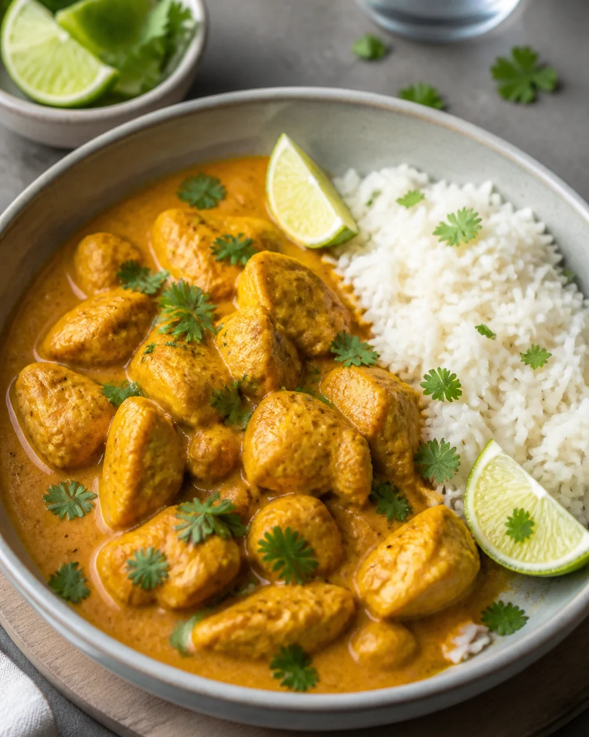 Curry poulet coco servi dans une présentation finale appétissante
