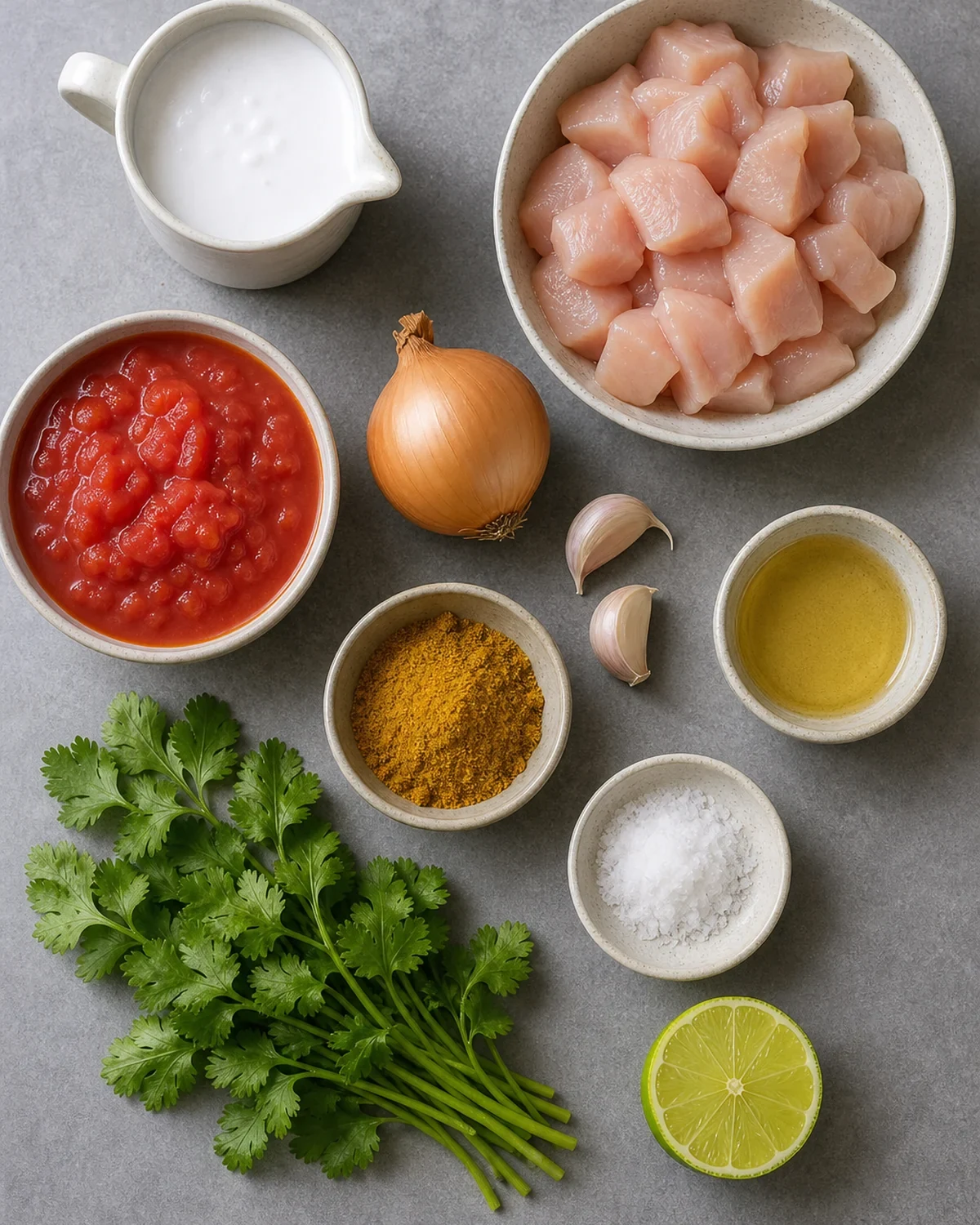 Ingrédients préparés pour Curry poulet coco