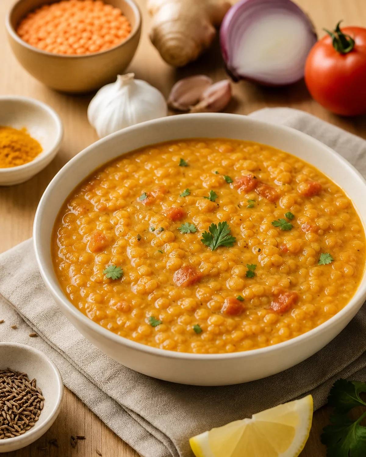 Dahl lentilles corail servi dans une présentation finale appétissante