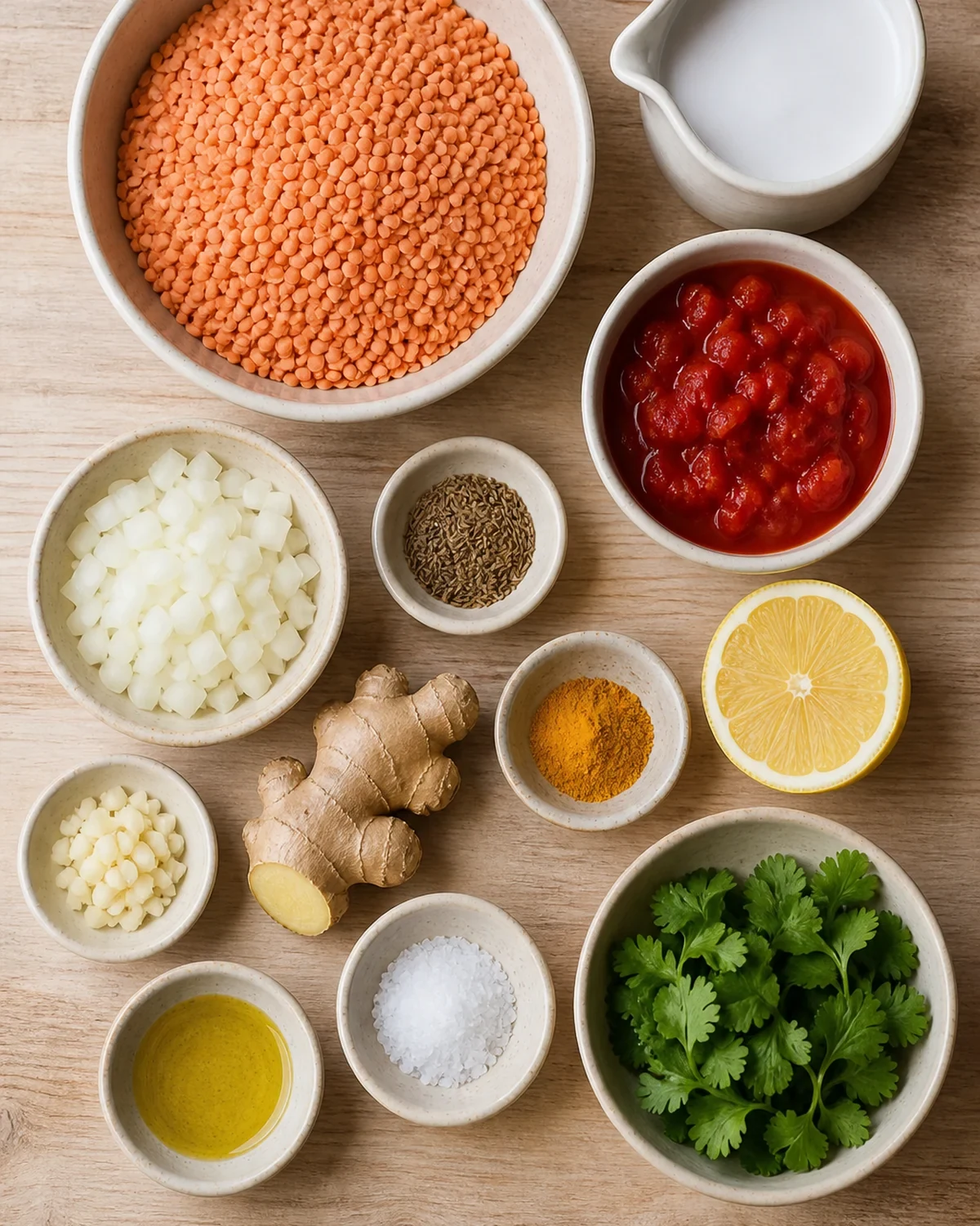 Ingrédients préparés pour Dahl lentilles corail