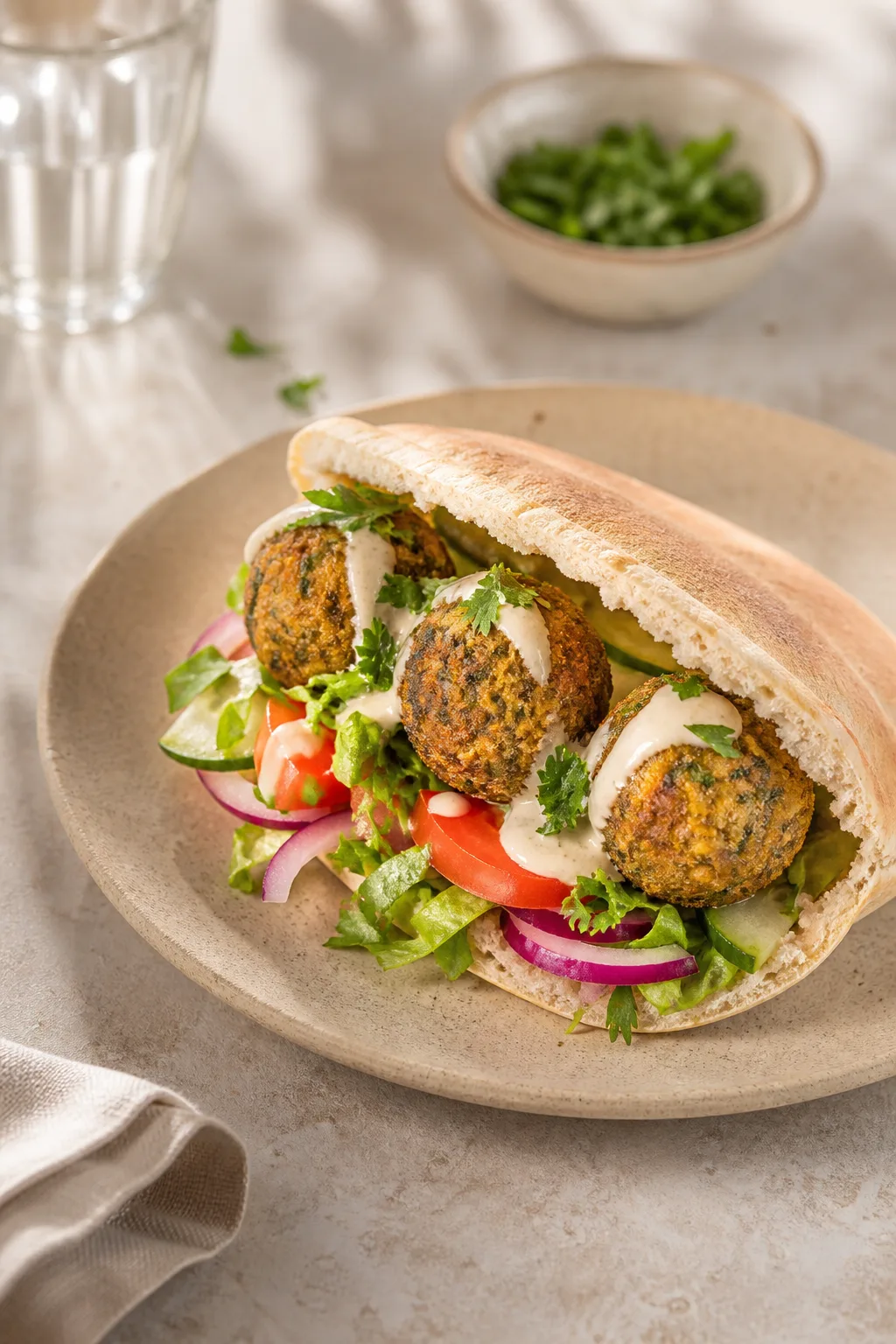 Falafel libanais servi à table avec accompagnement simple