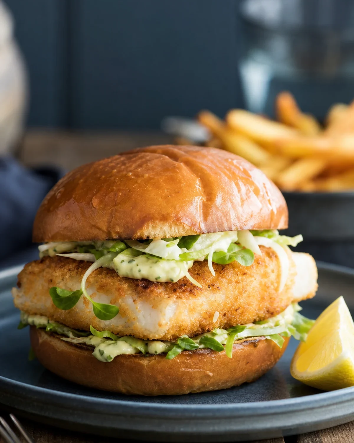 Fish burger maison servi dans une présentation finale appétissante