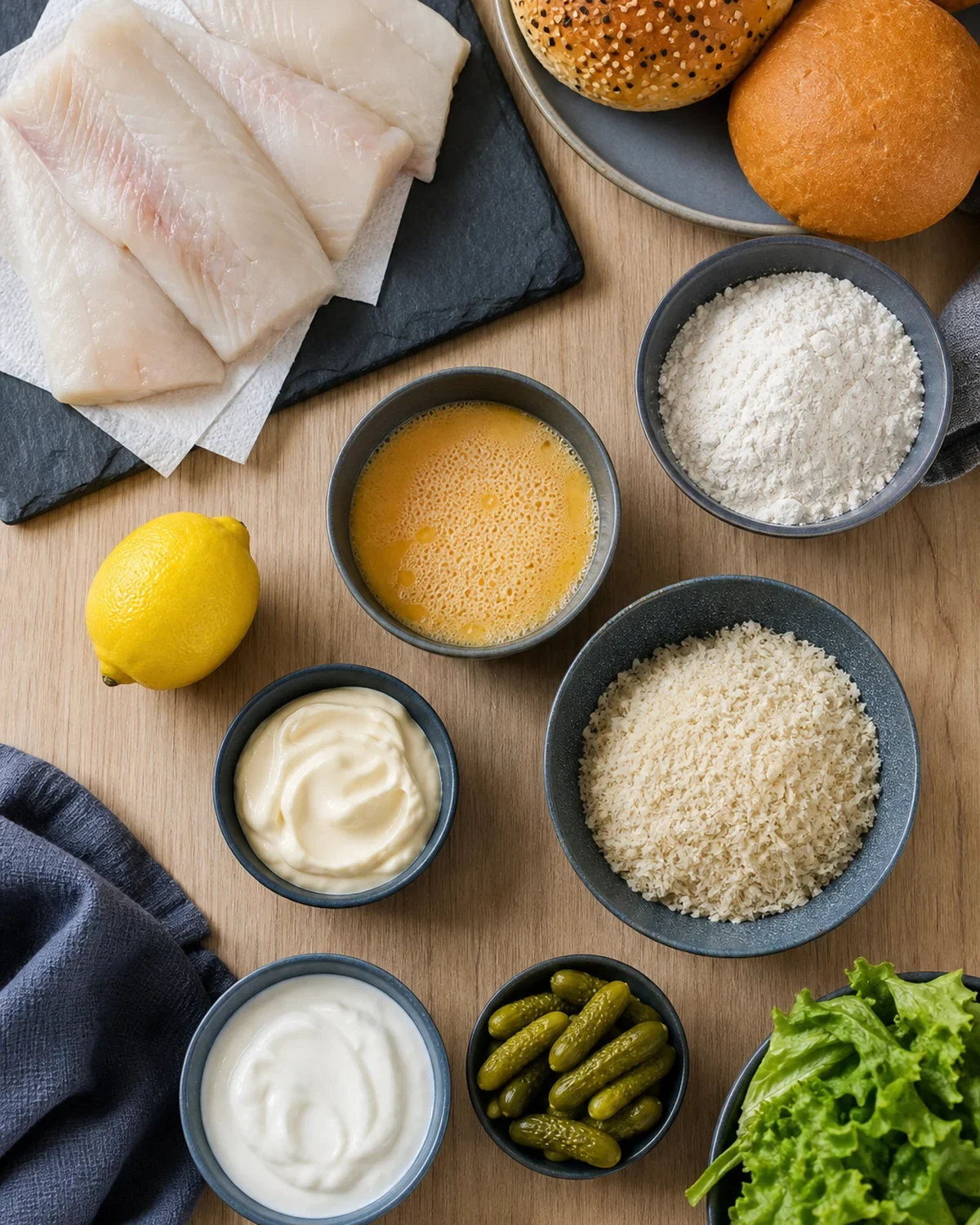 Ingrédients préparés pour Fish burger maison
