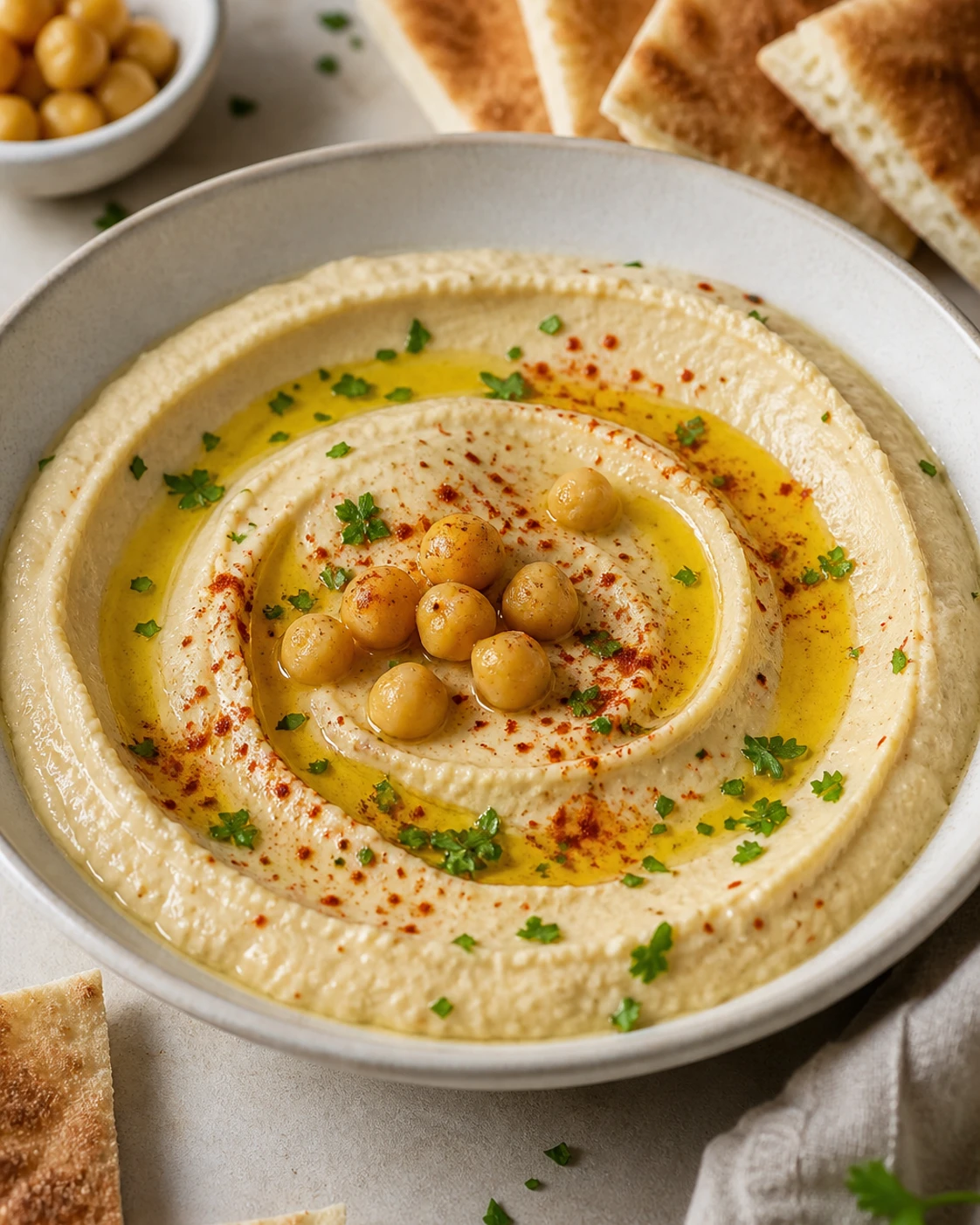 Houmous libanais servi dans une présentation finale appétissante