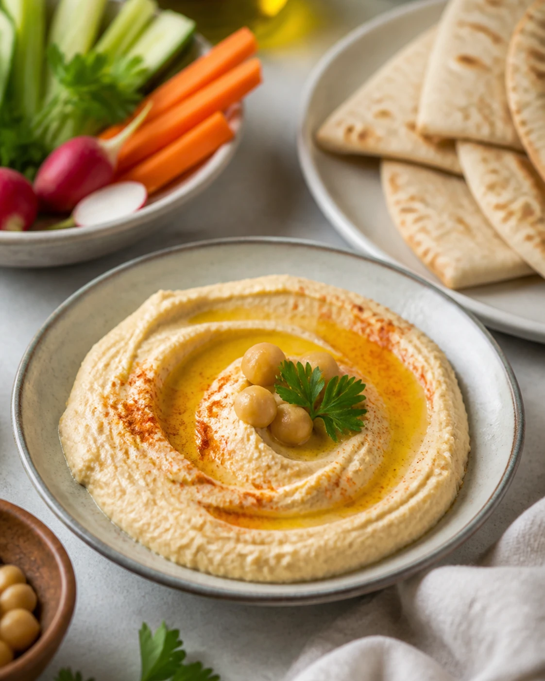 Houmous libanais servi à table avec accompagnement simple