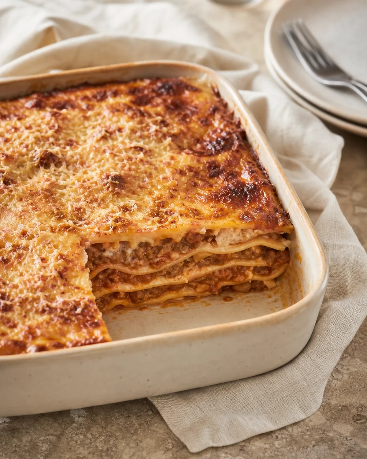 Lasagnes bolognaise servi dans une présentation finale appétissante