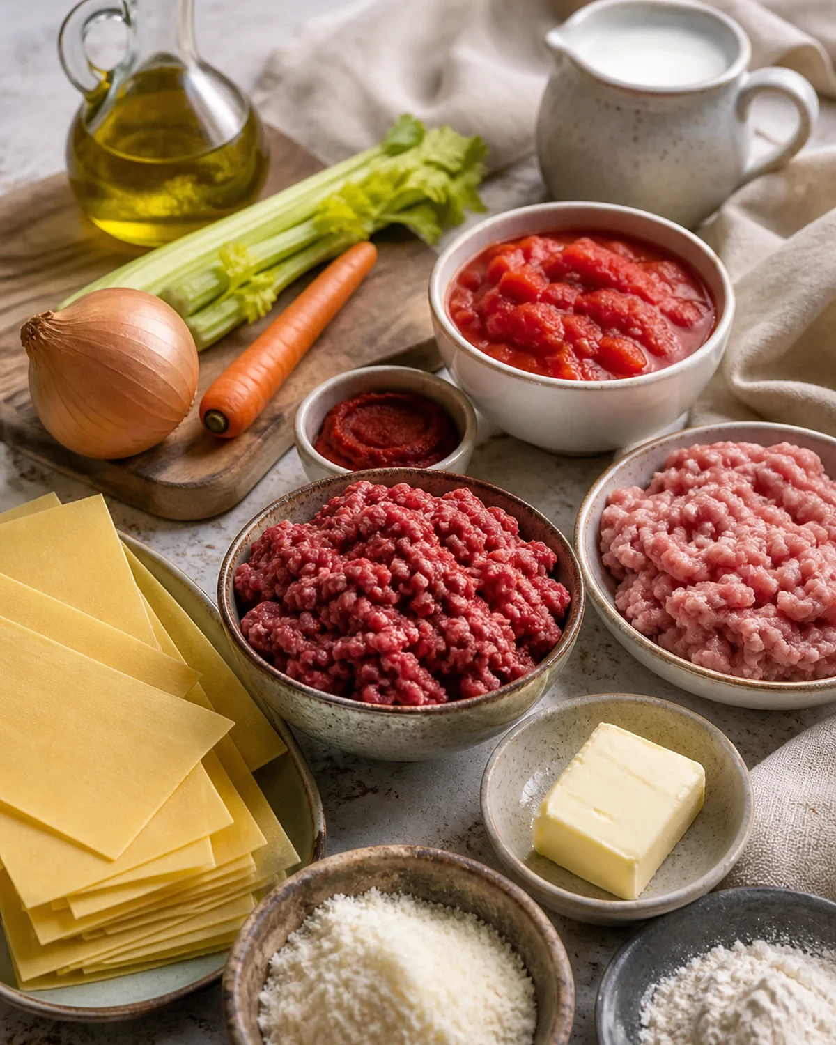 Ingrédients préparés pour Lasagnes bolognaise