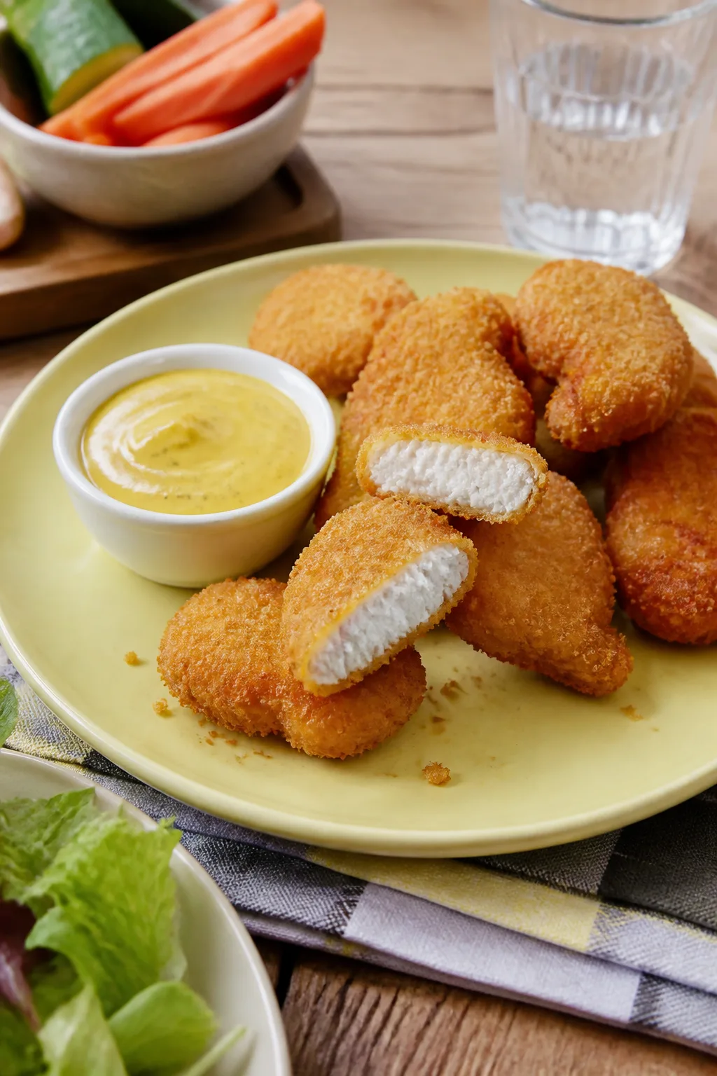 Nuggets de poulet maison dorés, ouverts sur leur chair blanche, avec sauce moutarde