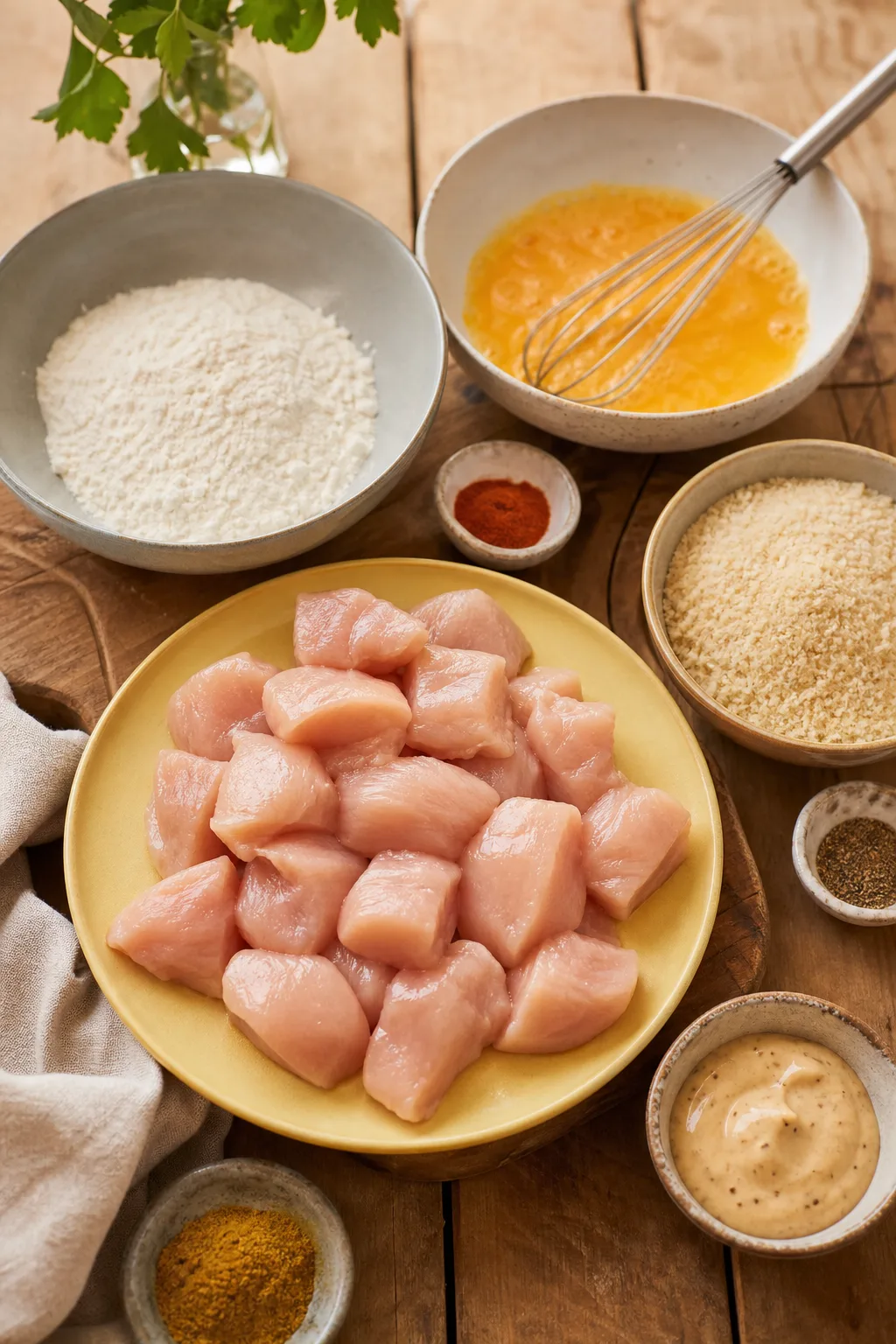 Morceaux de poulet cru, farine, œufs battus, chapelure, paprika, poivre et sauce moutarde