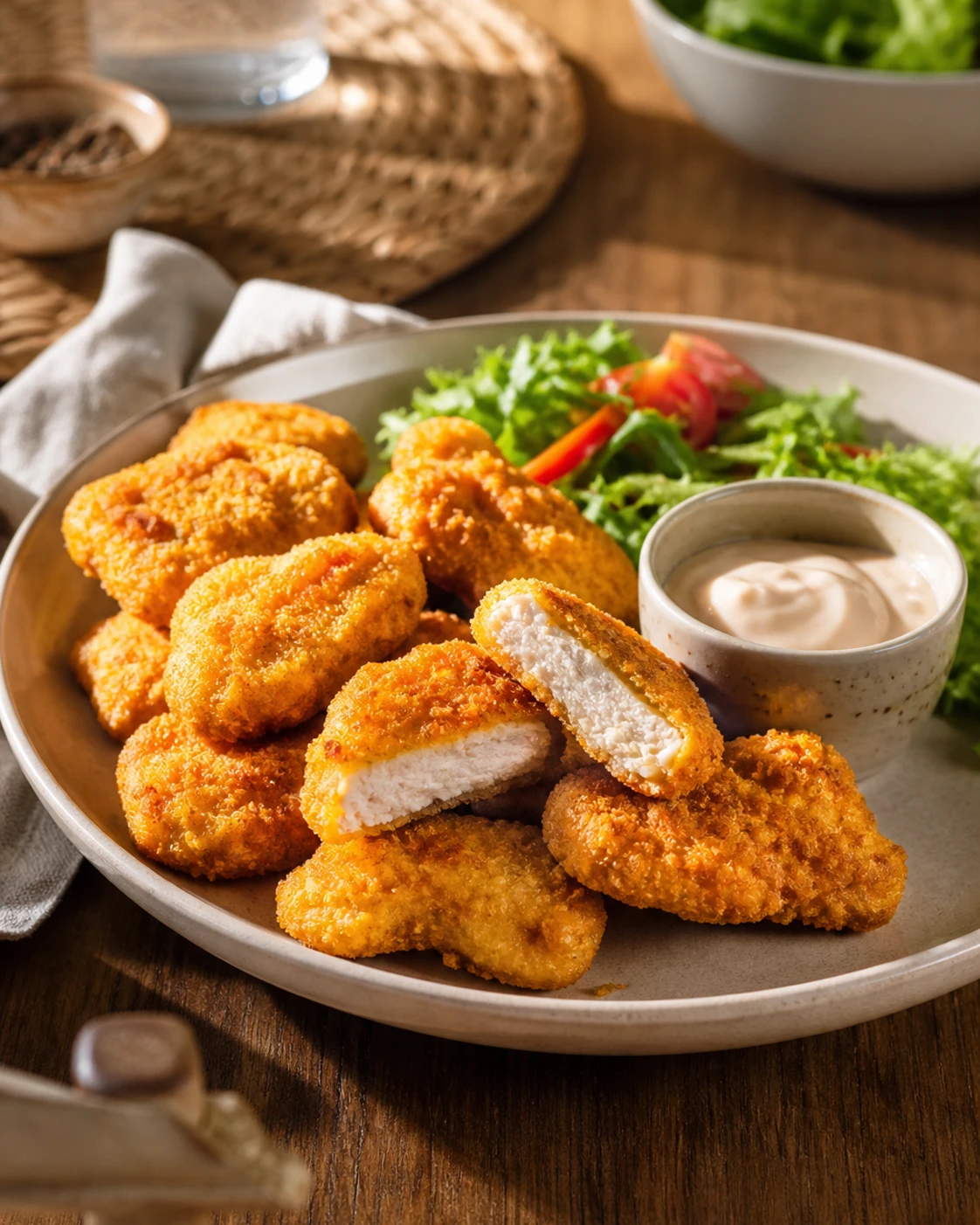 Nuggets poulet maison servi dans une présentation finale appétissante