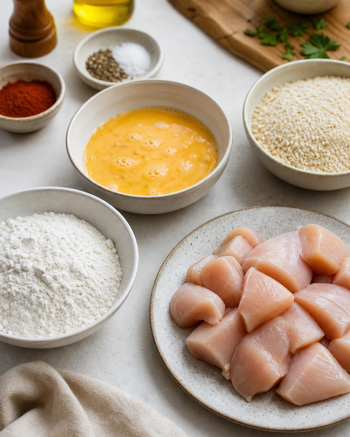 Ingrédients préparés pour Nuggets poulet maison