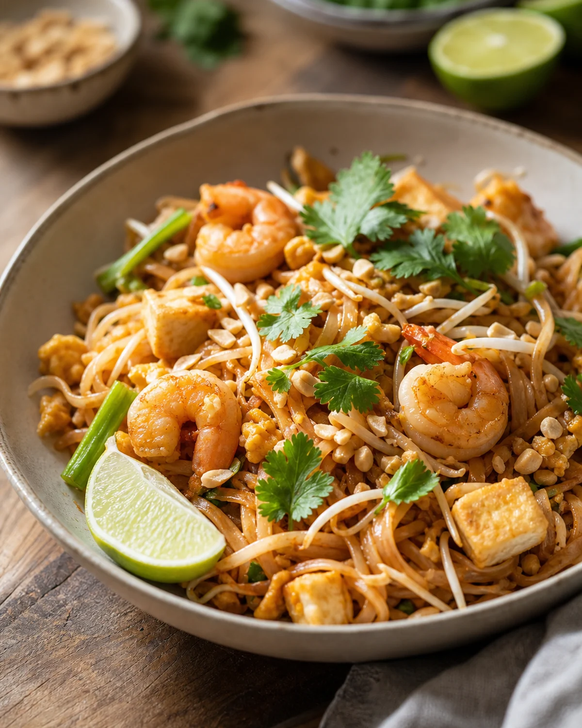 Pad thaï maison aux nouilles sautées, crevettes, cacahuètes et citron vert