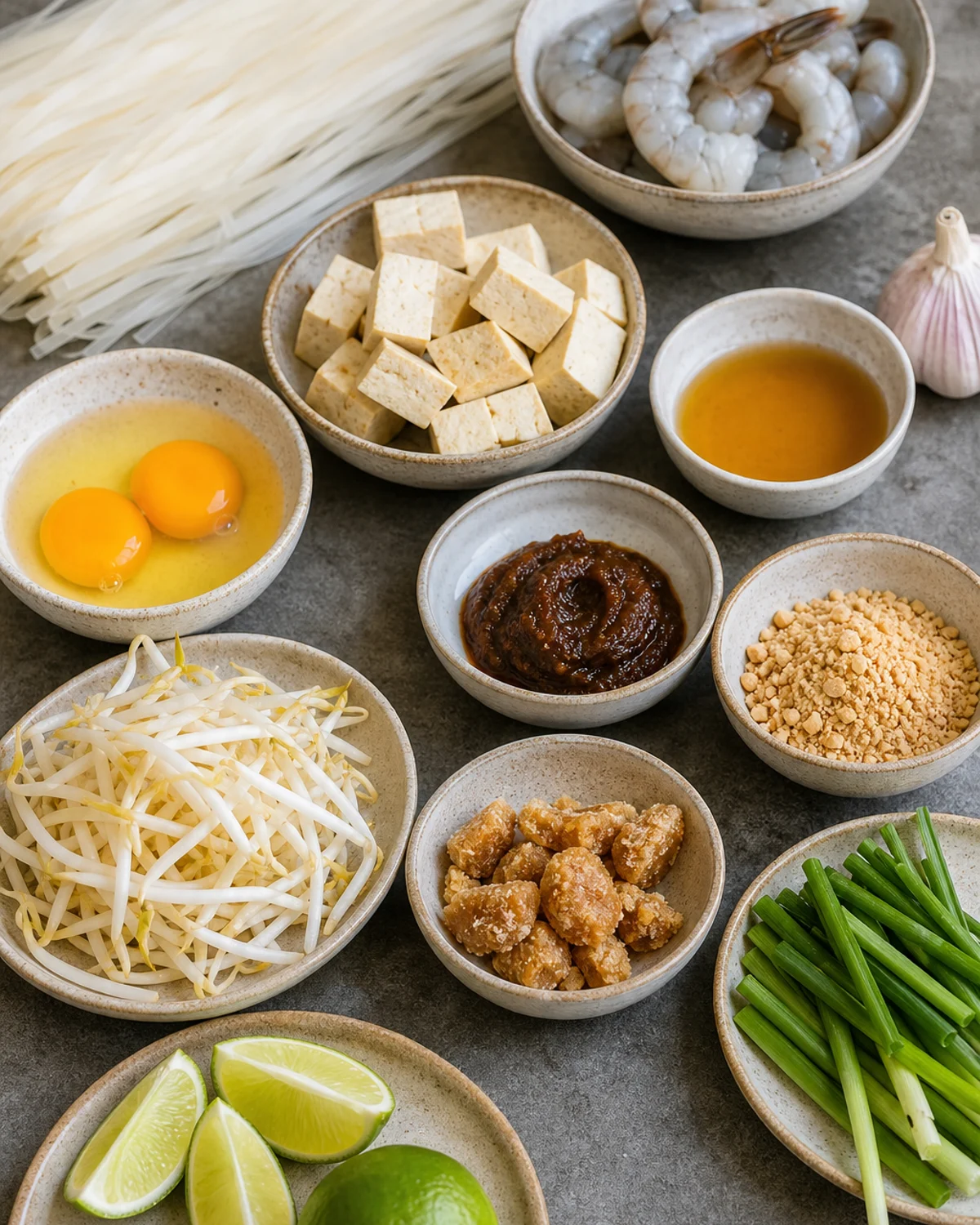 Ingrédients pour pad thaï avec nouilles de riz, crevettes, tofu, œufs et tamarin