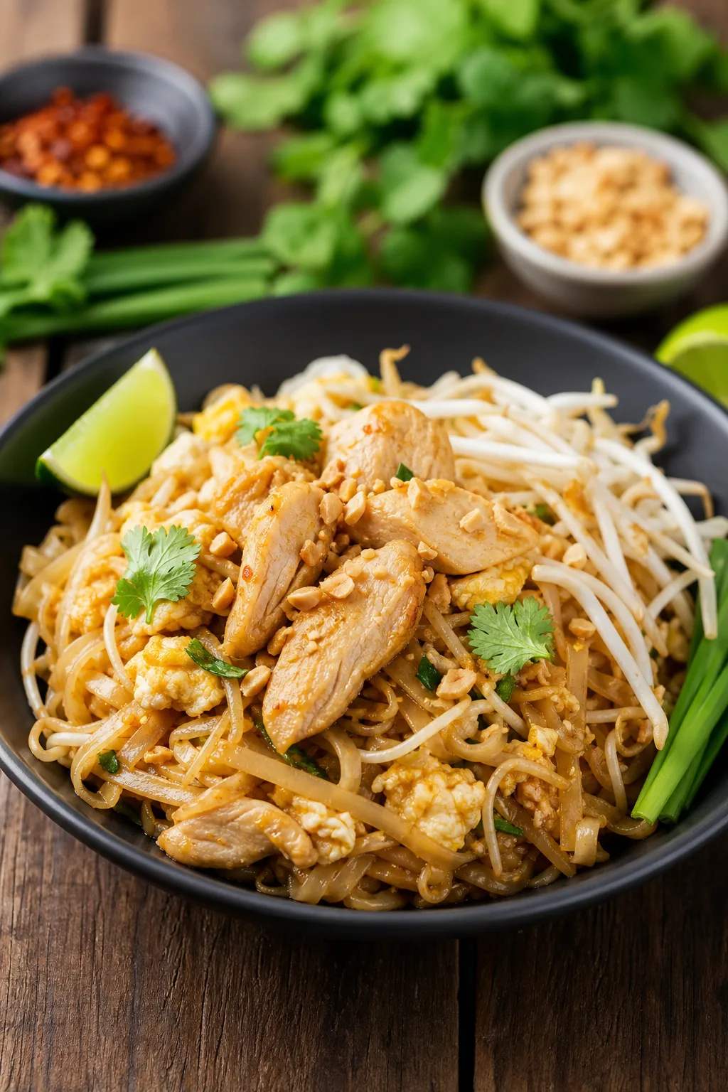 Pad thaï poulet servi dans une présentation finale appétissante