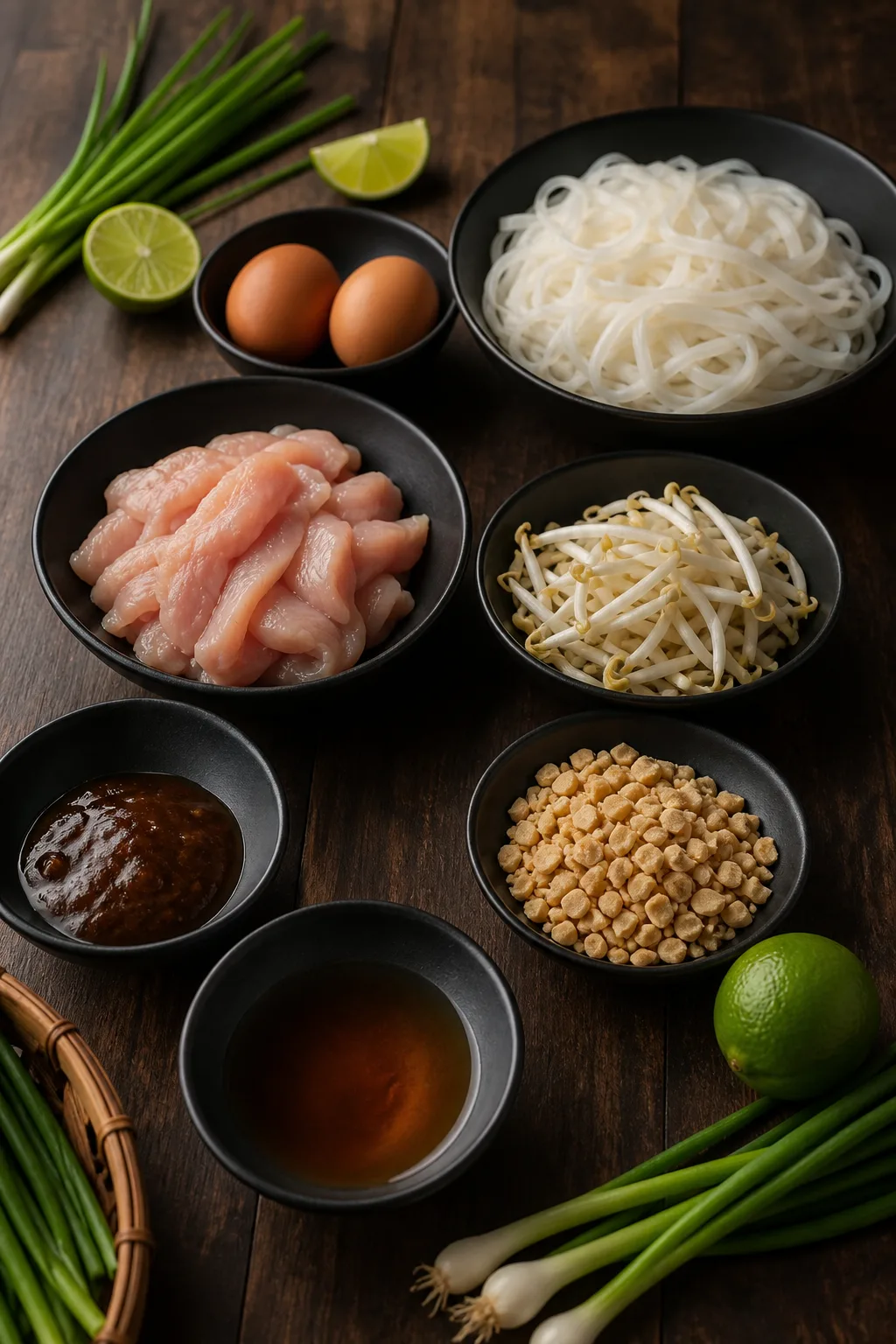 Ingrédients préparés pour Pad thaï poulet