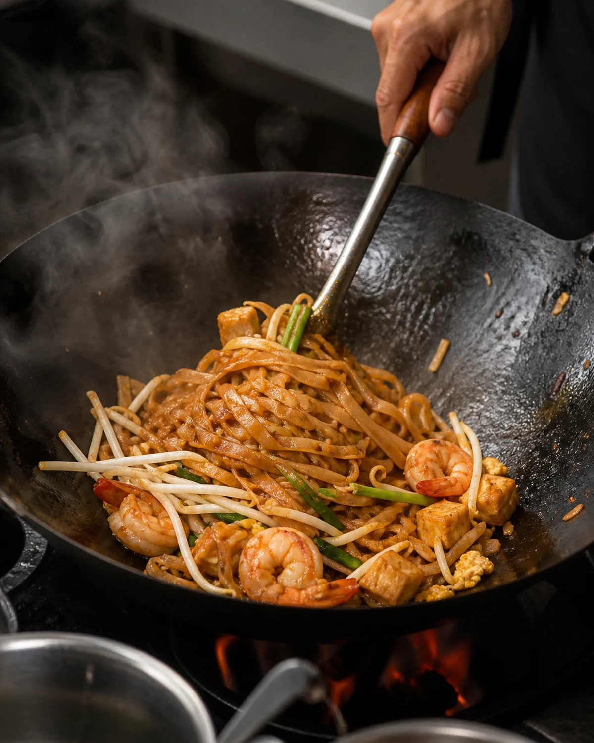 Pad thaï en cours de cuisson au wok avec nouilles, sauce tamarin, œuf et crevettes