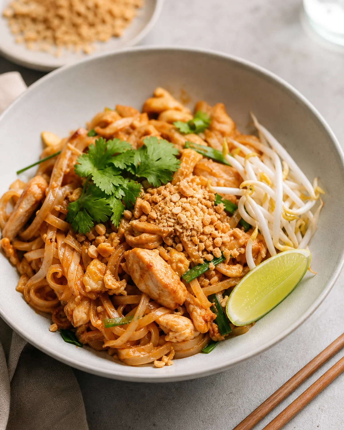 Bol de pad thaï servi avec cacahuètes, citron vert, pousses de soja et herbes