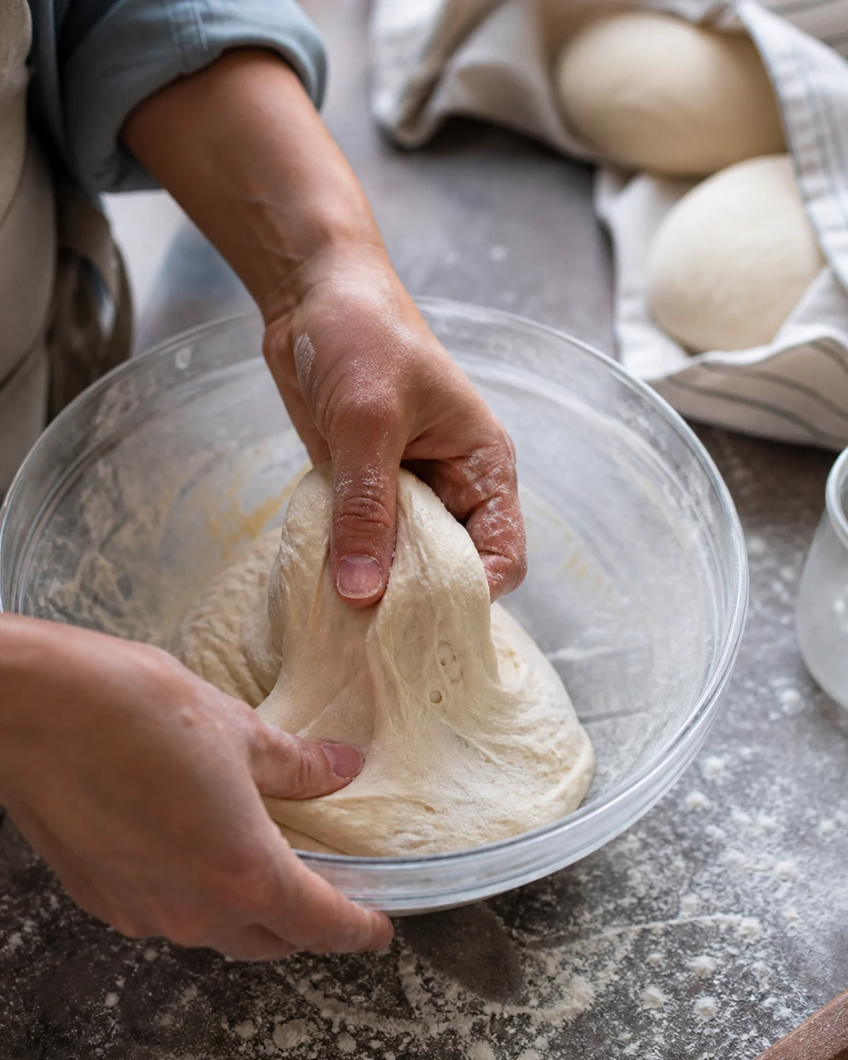 Main soulevant une pâte à pizza élastique dans un saladier, avec trois pâtons couverts derrière