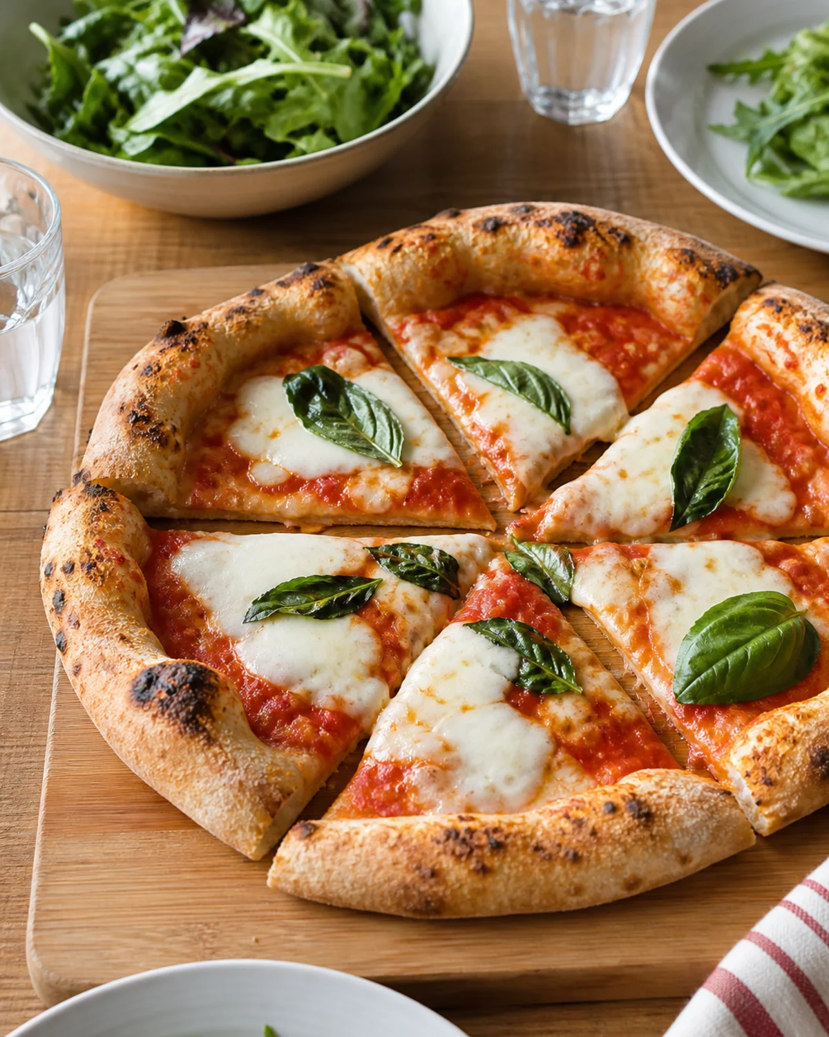 Pizza margherita découpée en parts, avec corniche gonflée, mozzarella et basilic