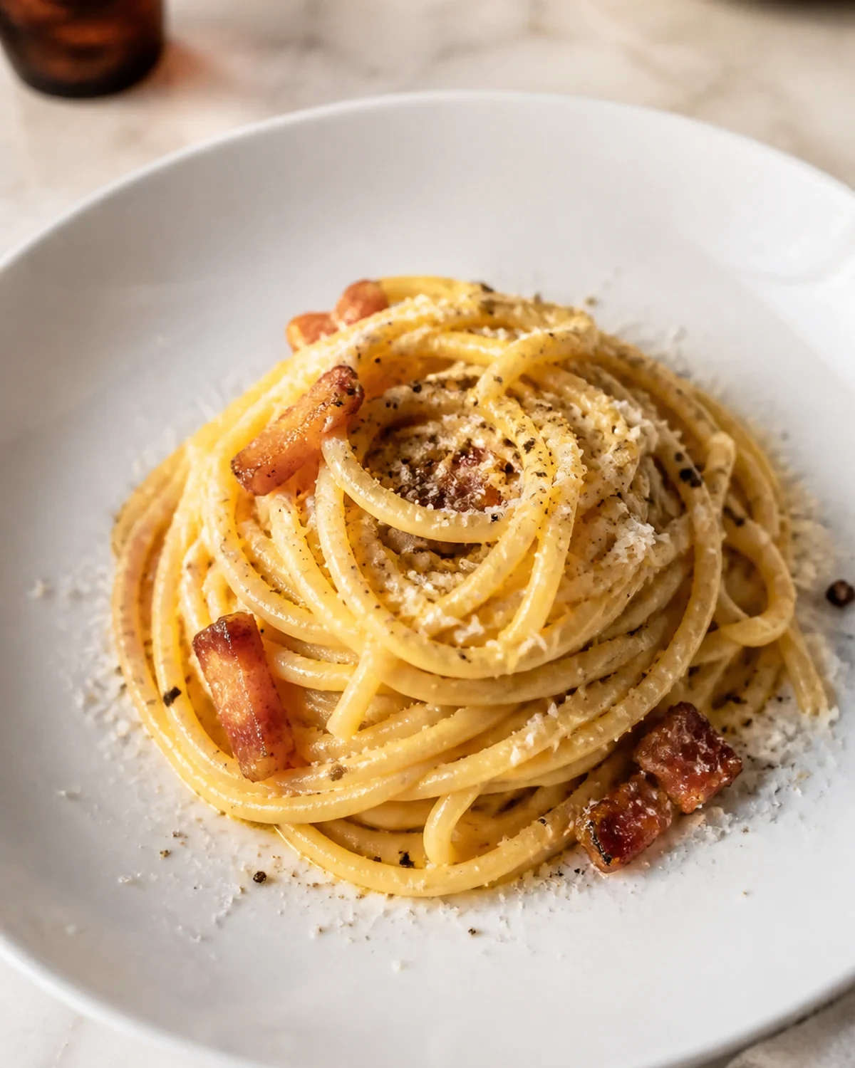 Pâtes carbonara servi dans une présentation finale appétissante