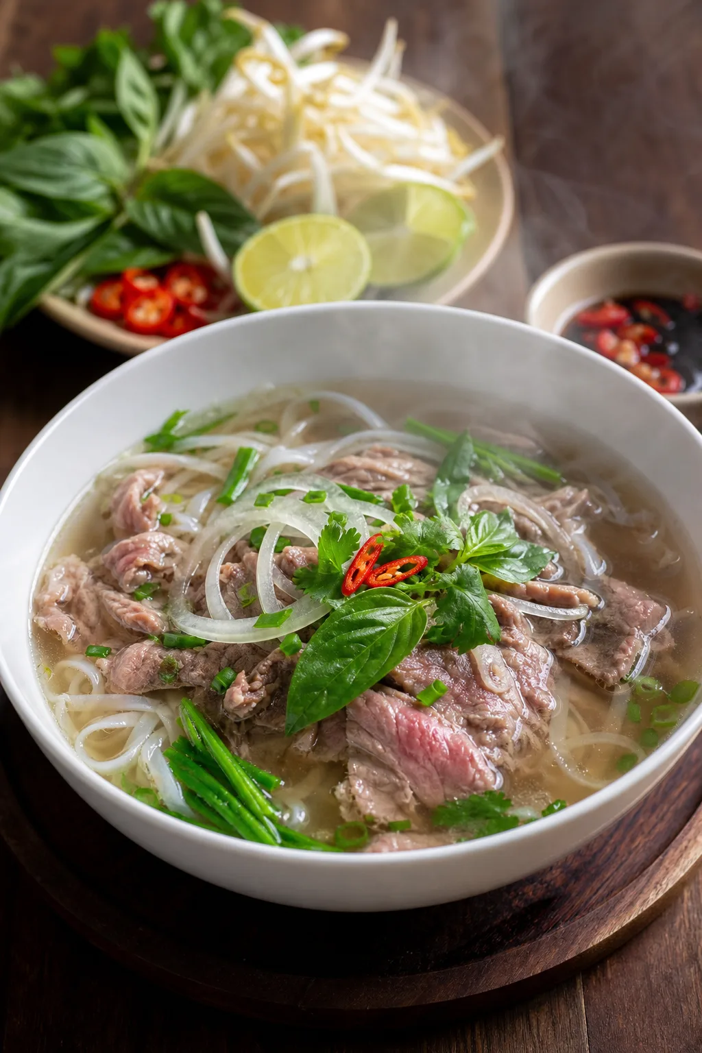 Pho au bœuf parfumé servi dans une présentation finale appétissante