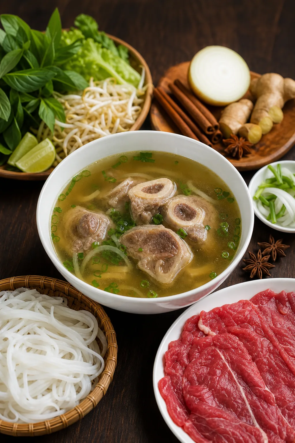 Ingrédients préparés pour Pho au bœuf parfumé