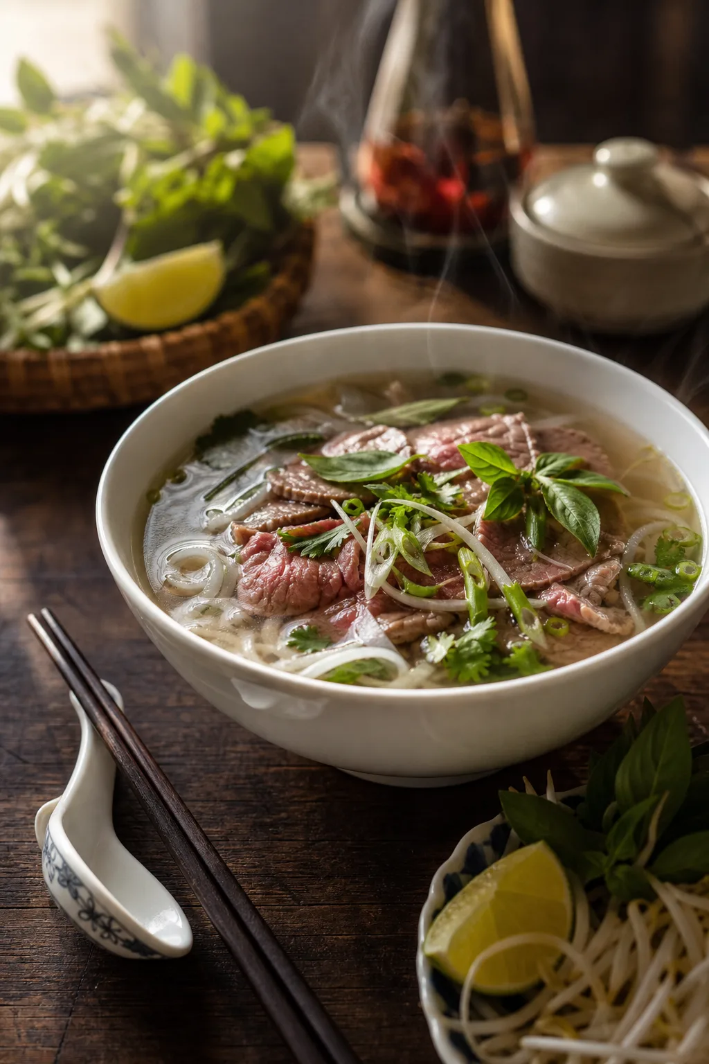 Pho au bœuf parfumé servi à table avec accompagnement simple