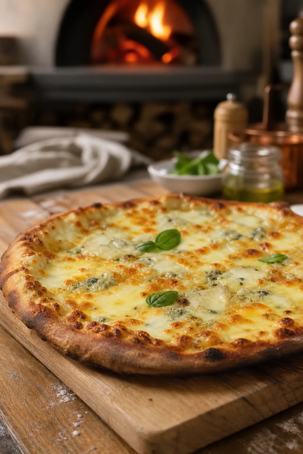 Pizza 4 fromages bien fondante servi dans une présentation finale appétissante